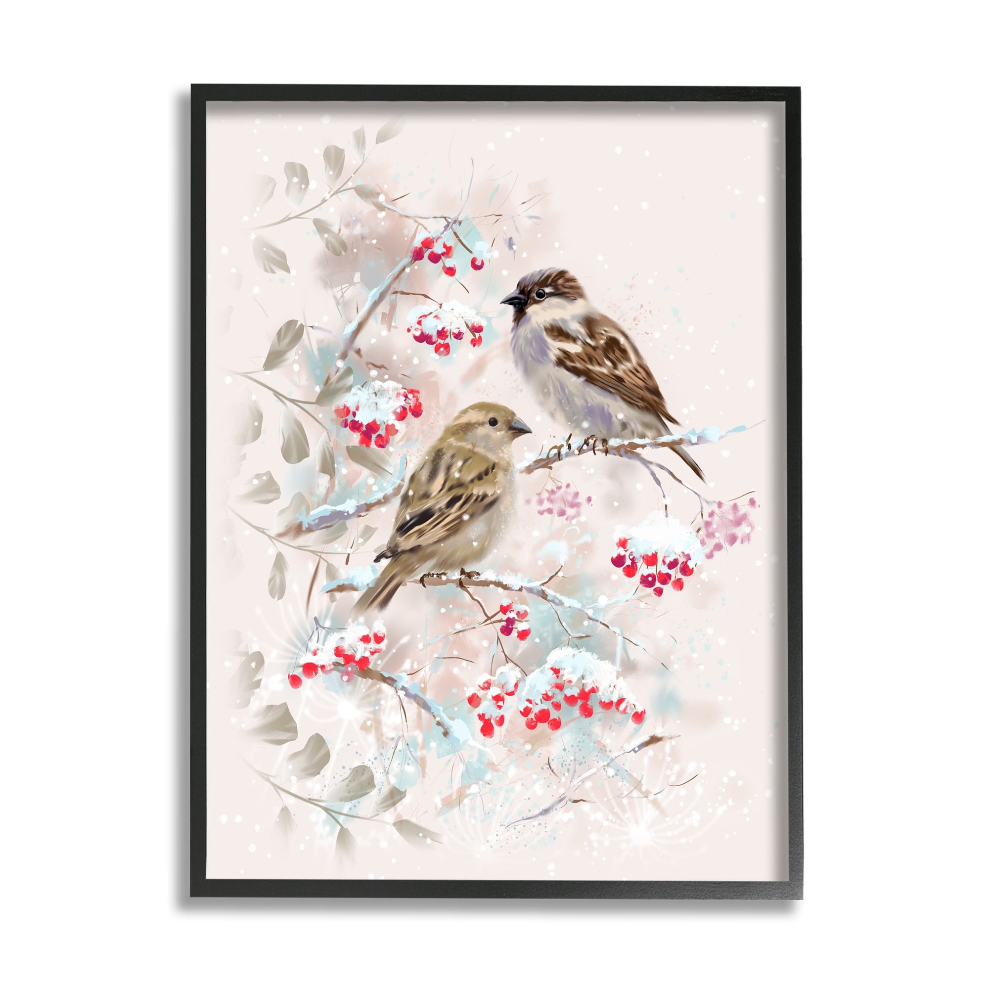 Stupell Industries Finches Perched Seasonal Berries Animals & Insects Painting Black Framed Art Print Wall Art