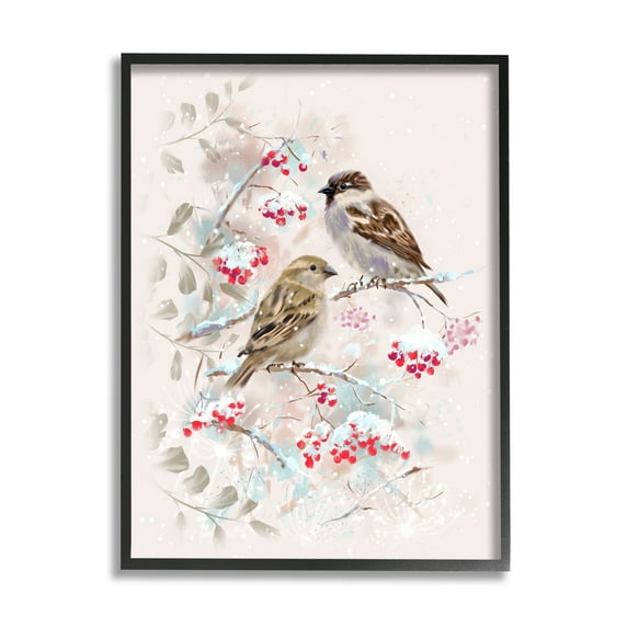 Stupell Industries Finches Perched Seasonal Berries Animals & Insects Painting Black Framed Art Print Wall Art