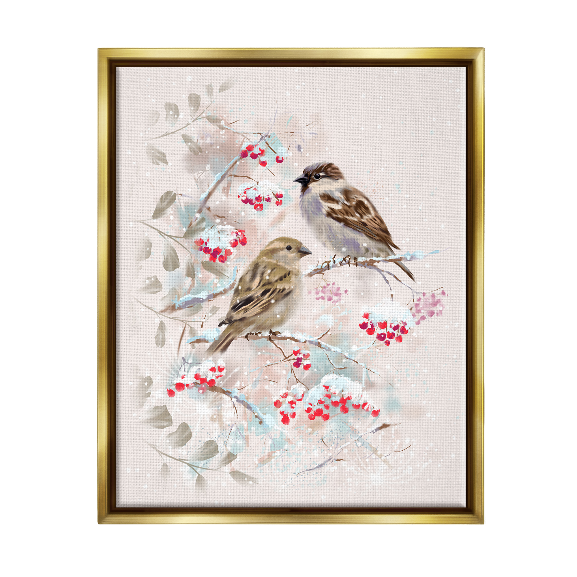 Stupell Industries Finches Perched Seasonal Berries Animals & Insects Painting Gold Floater Framed Art Print Wall Art