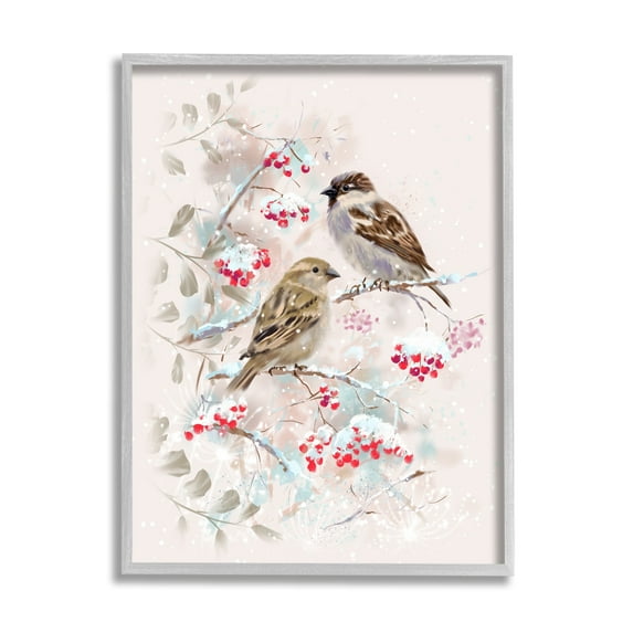 Stupell Industries Finches Perched Seasonal Berries Animals & Insects Painting Gray Framed Art Print Wall Art