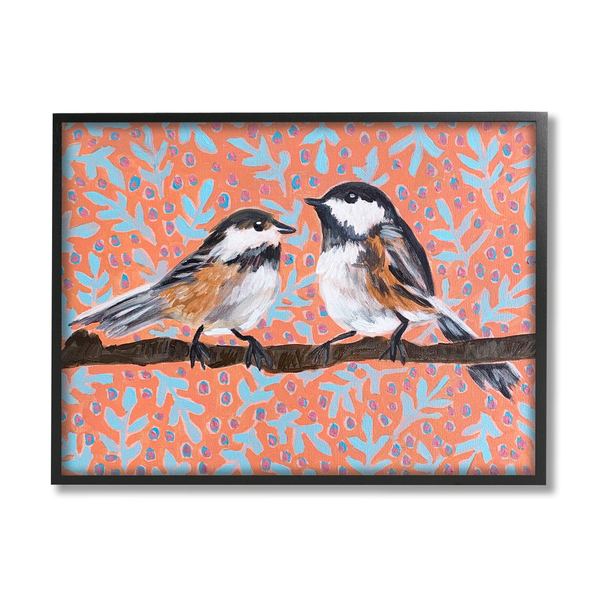 Stupell Industries Finches Standing Tree Branch Retro Botanical Pattern Paintings Black Framed Art Print Wall Art, 20x16, by Molly Susan Strong