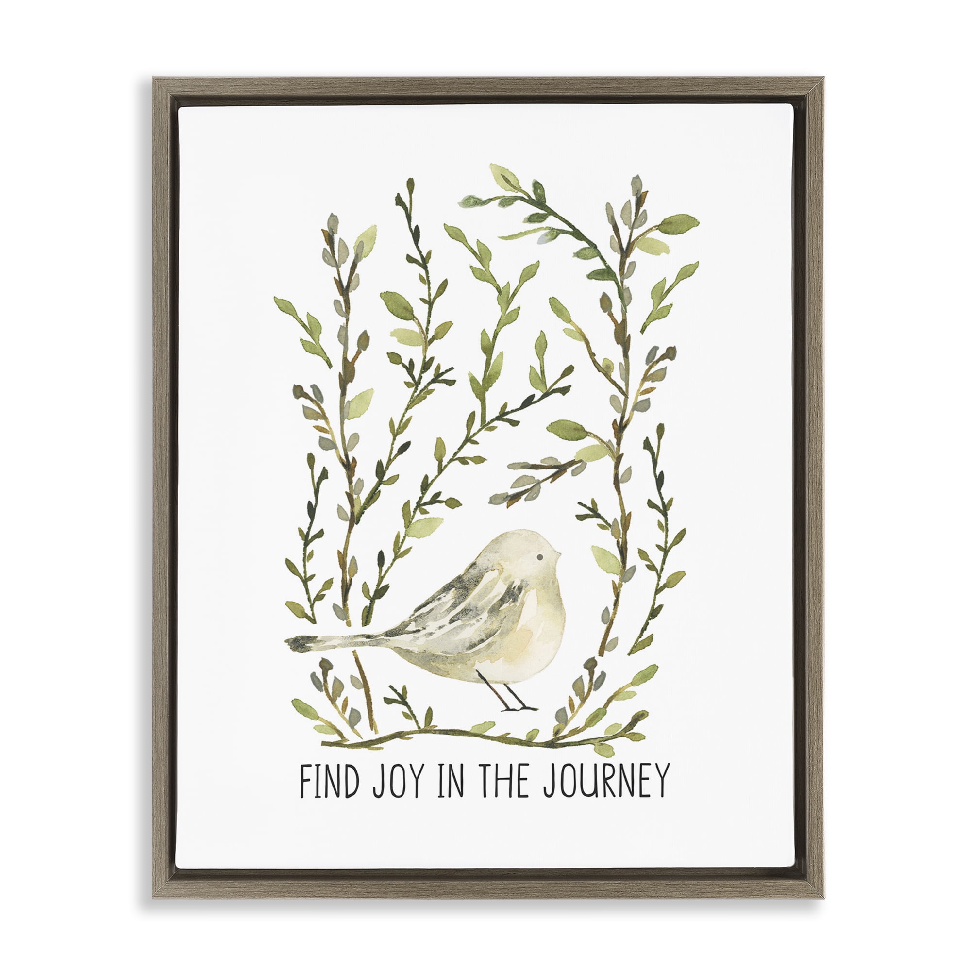 Stupell Industries Find Joy with Bird Botanical & Floral Painting Brown Floater Framed Art Print Wall Art, 25 x 31