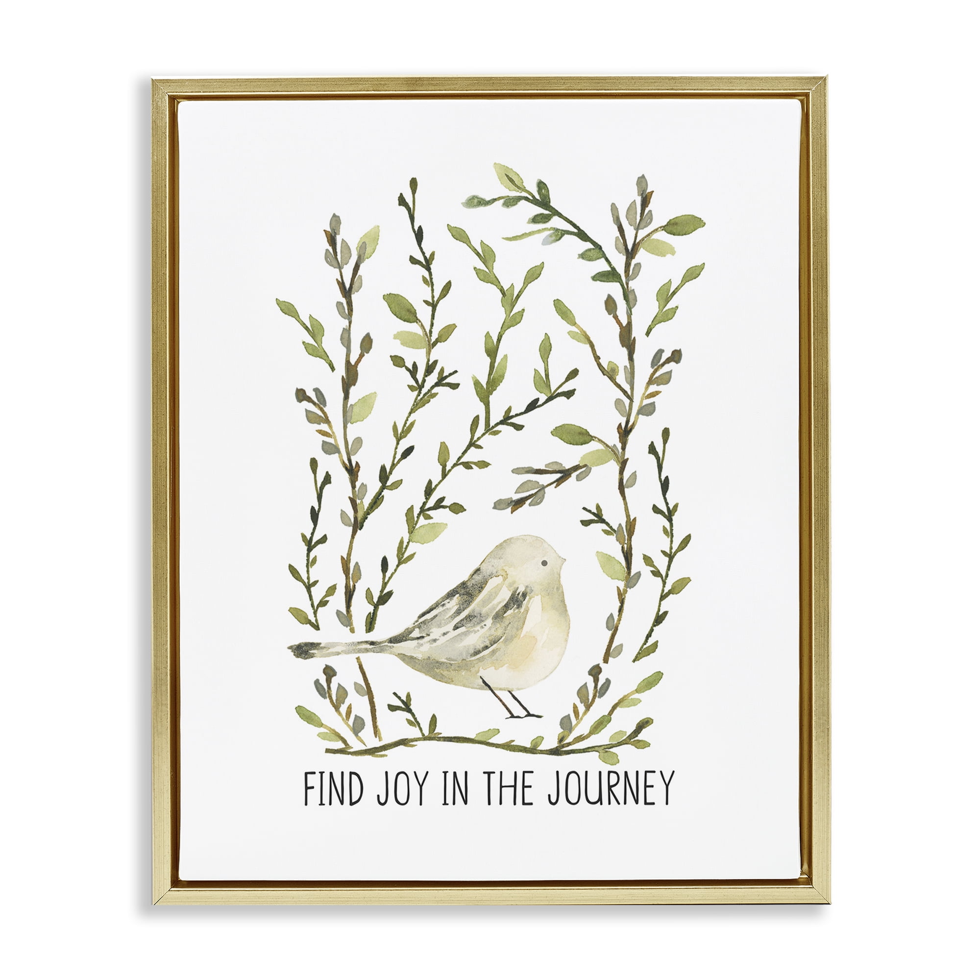Stupell Industries Find Joy with Bird Botanical & Floral Painting Gold Floater Framed Art Print Wall Art, 17 x 21