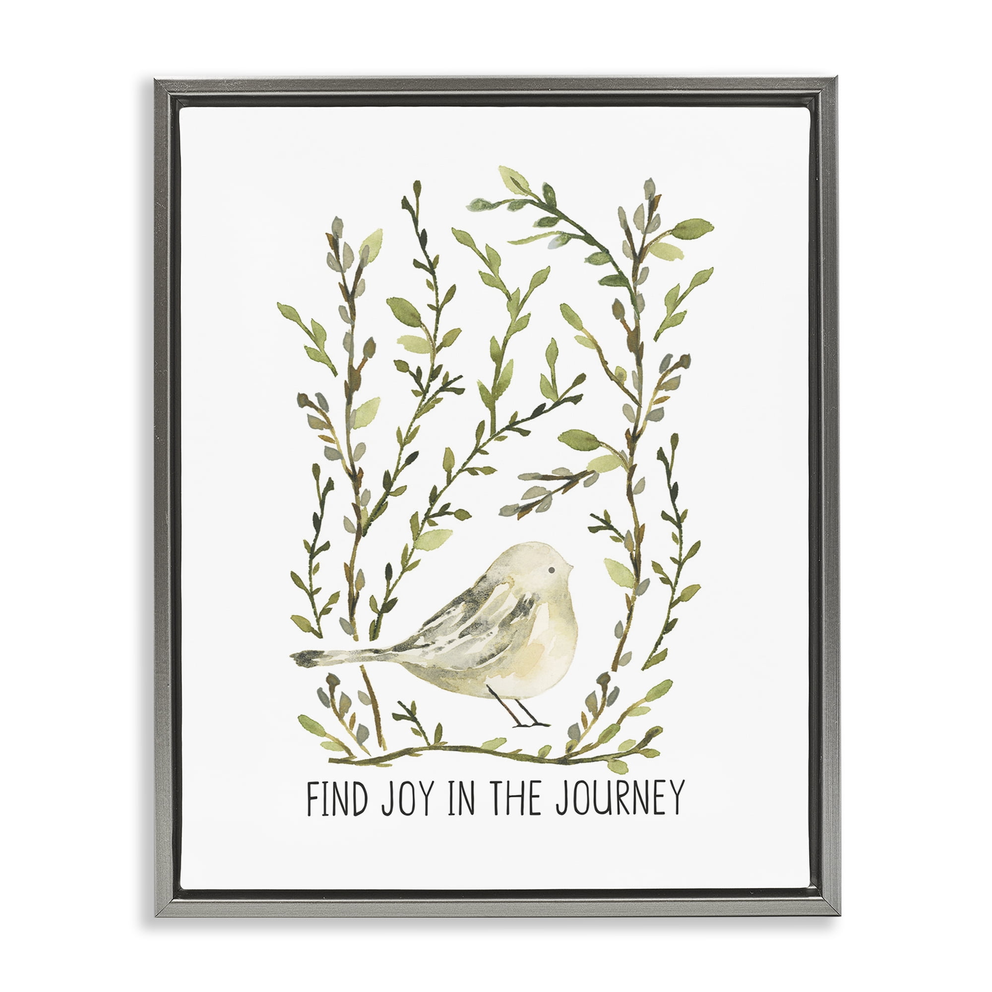 Stupell Industries Find Joy with Bird Botanical & Floral Painting Gray Floater Framed Art Print Wall Art, 25 x 31