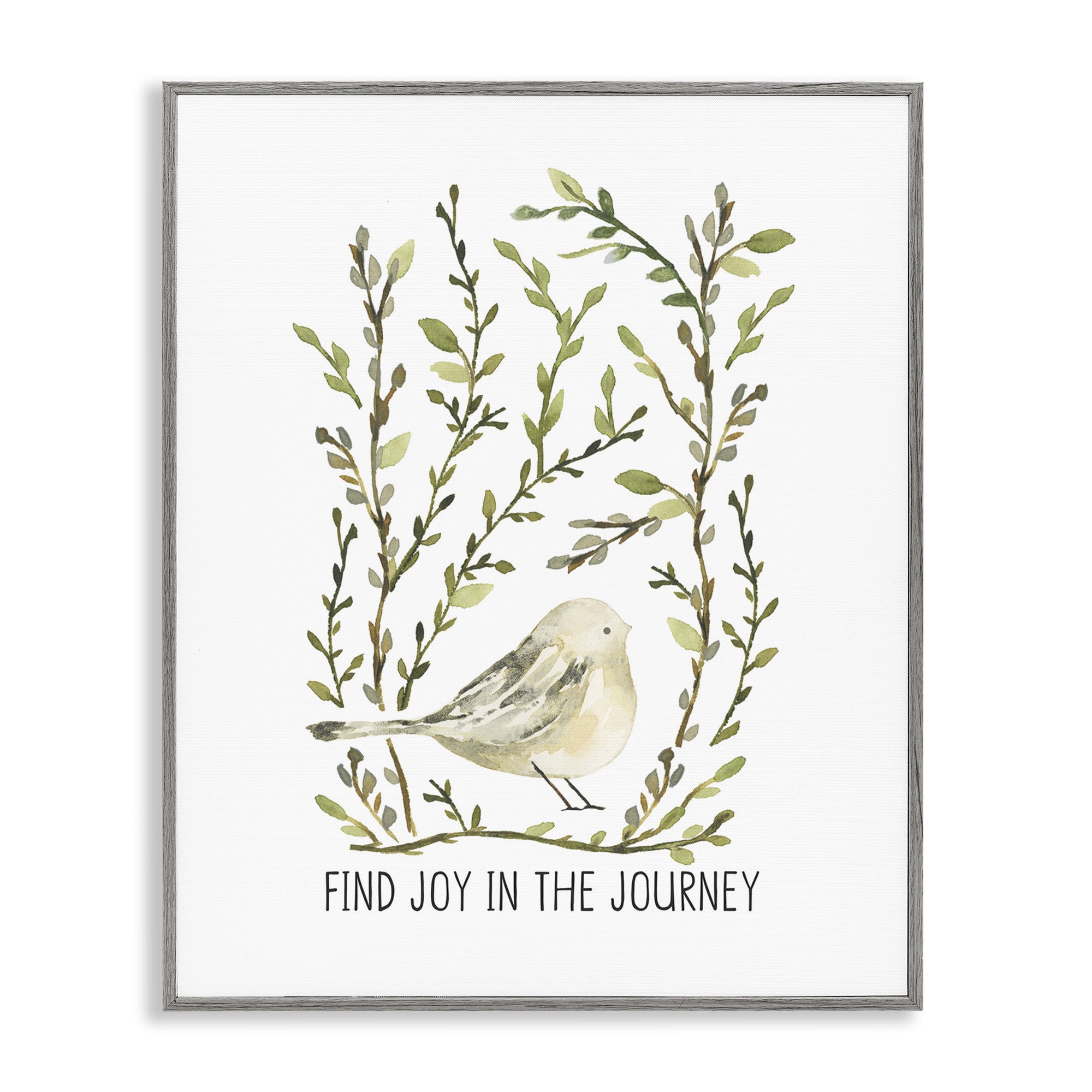 Stupell Industries Find Joy with Bird Botanical & Floral Painting Gray Framed Art Print Wall Art, 24 x 30