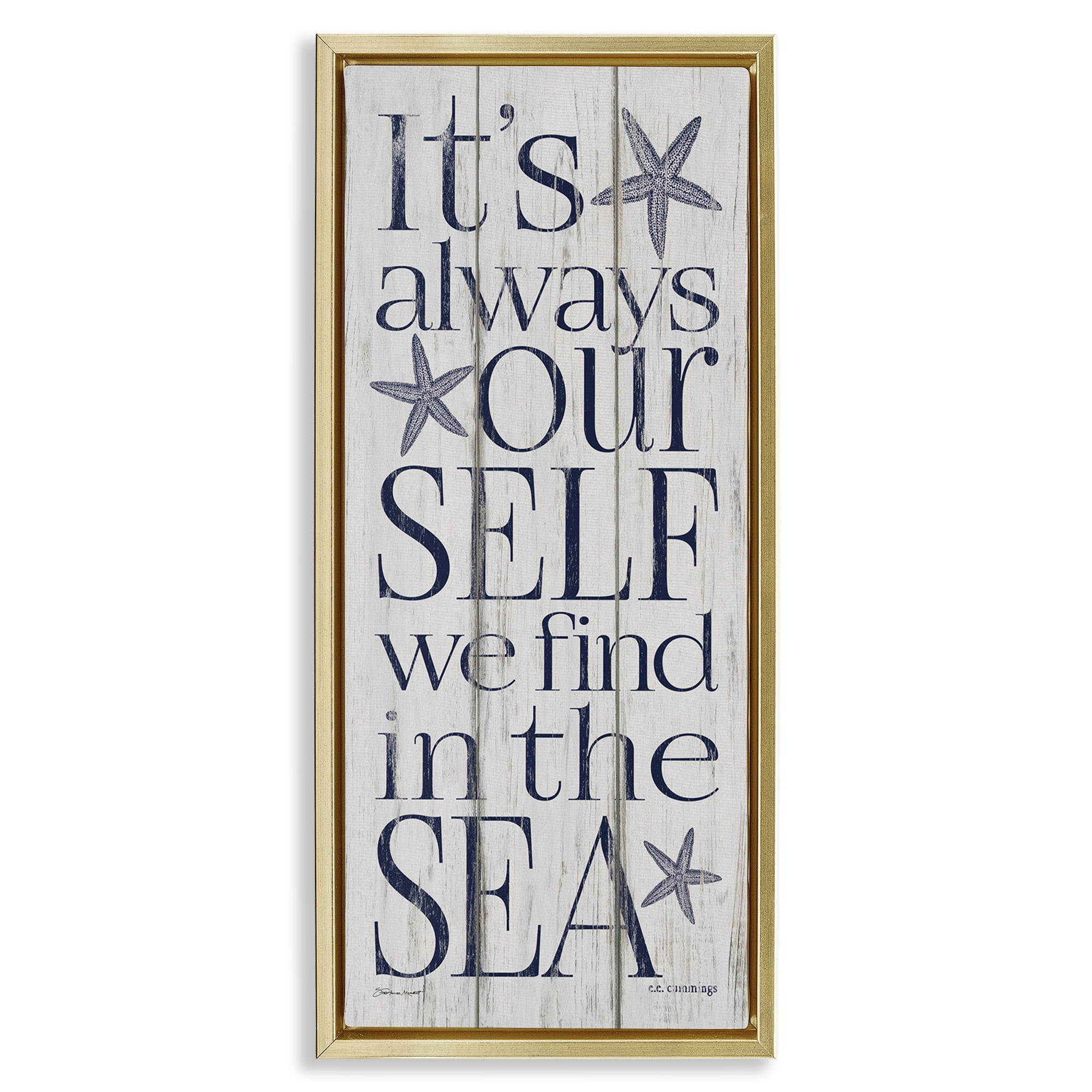 Stupell Industries Find Self In Sea Phrase Inspirational Painting Gold Floater Framed Canvas Art Print Wall Art, 11 x 25