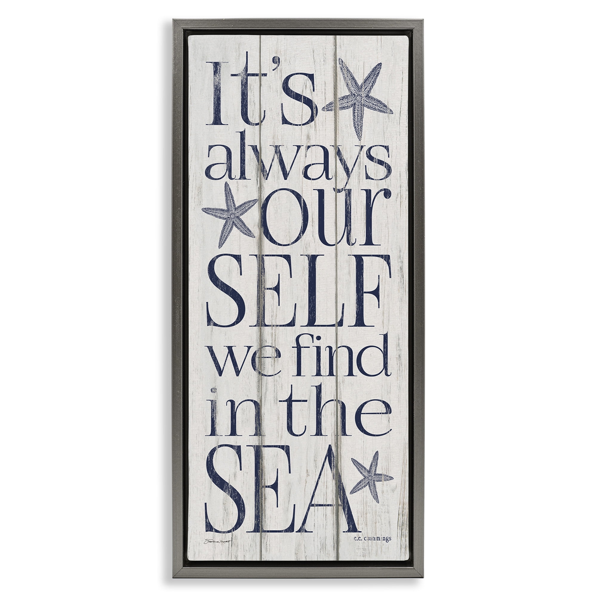 Stupell Industries Find Self In Sea Phrase Inspirational Painting Gray Floater Framed Canvas Art Print Wall Art, 11 x 25