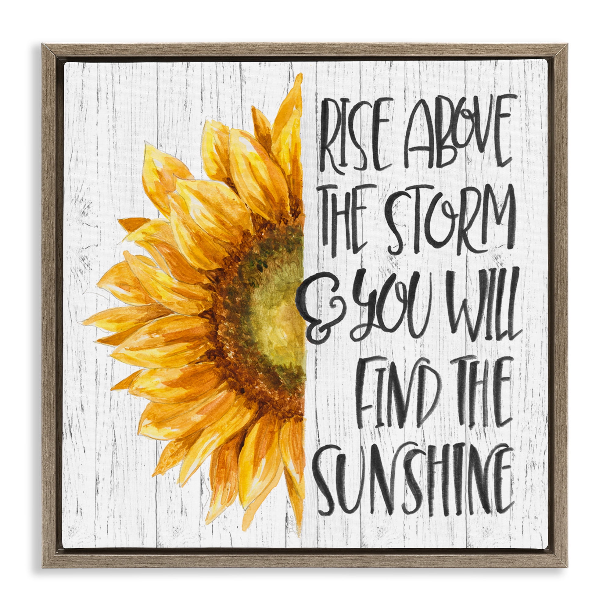 Stupell Industries Find Sunshine Motivational Sunflower Botanical & Floral Painting Brown Floater Framed Canvas Art Print Wall Art, 25 x 25