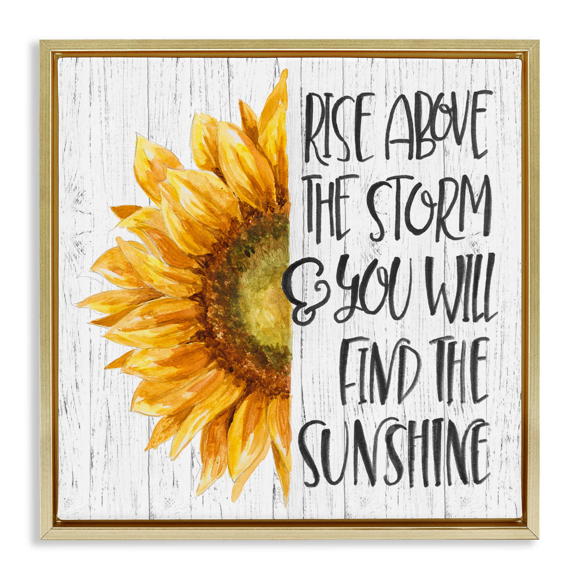 Stupell Industries Find Sunshine Motivational Sunflower Botanical & Floral Painting Gold Floater Framed Canvas Art Print Wall Art, 25 x 25