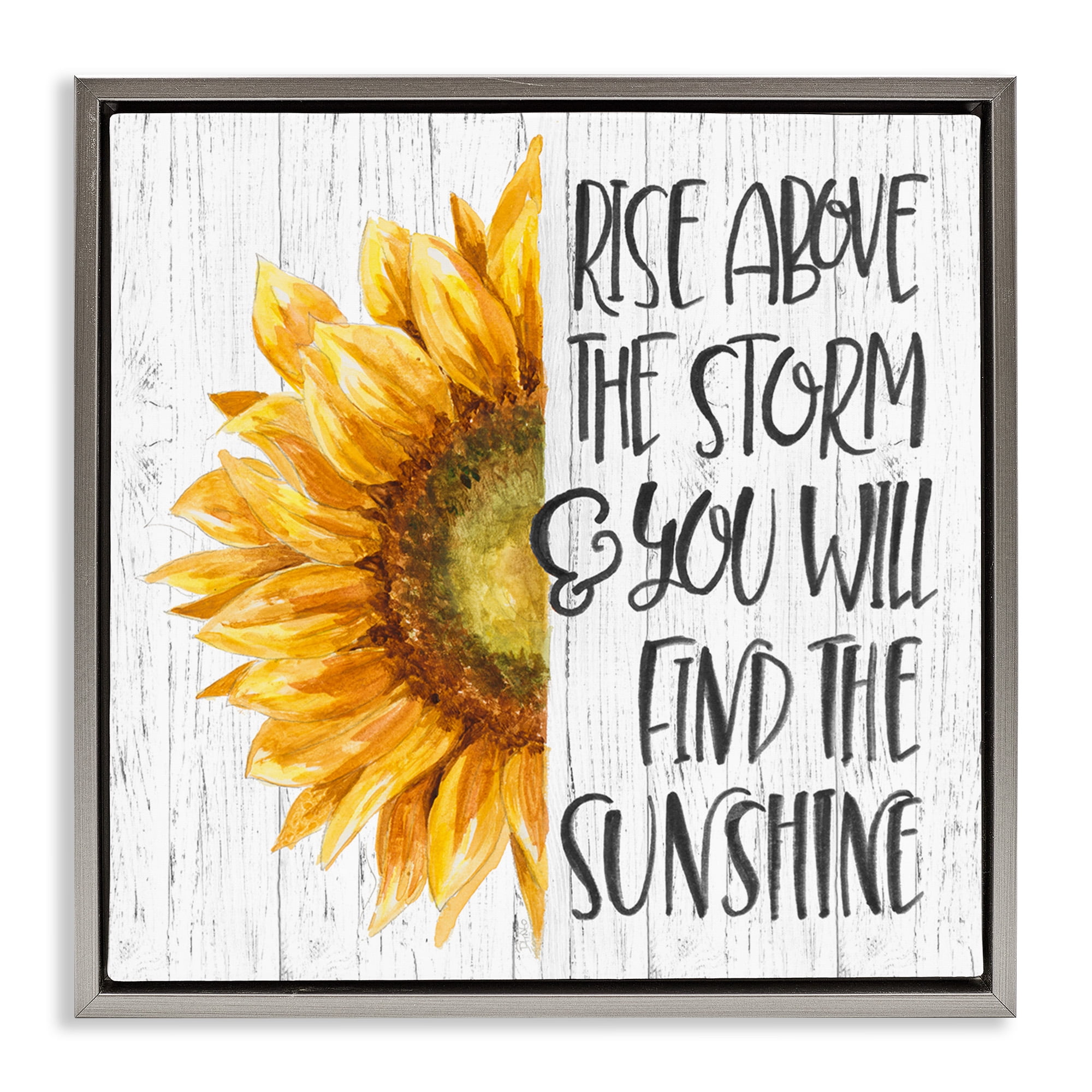 Stupell Industries Find Sunshine Motivational Sunflower Botanical & Floral Painting Gray Floater Framed Canvas Art Print Wall Art, 25 x 25
