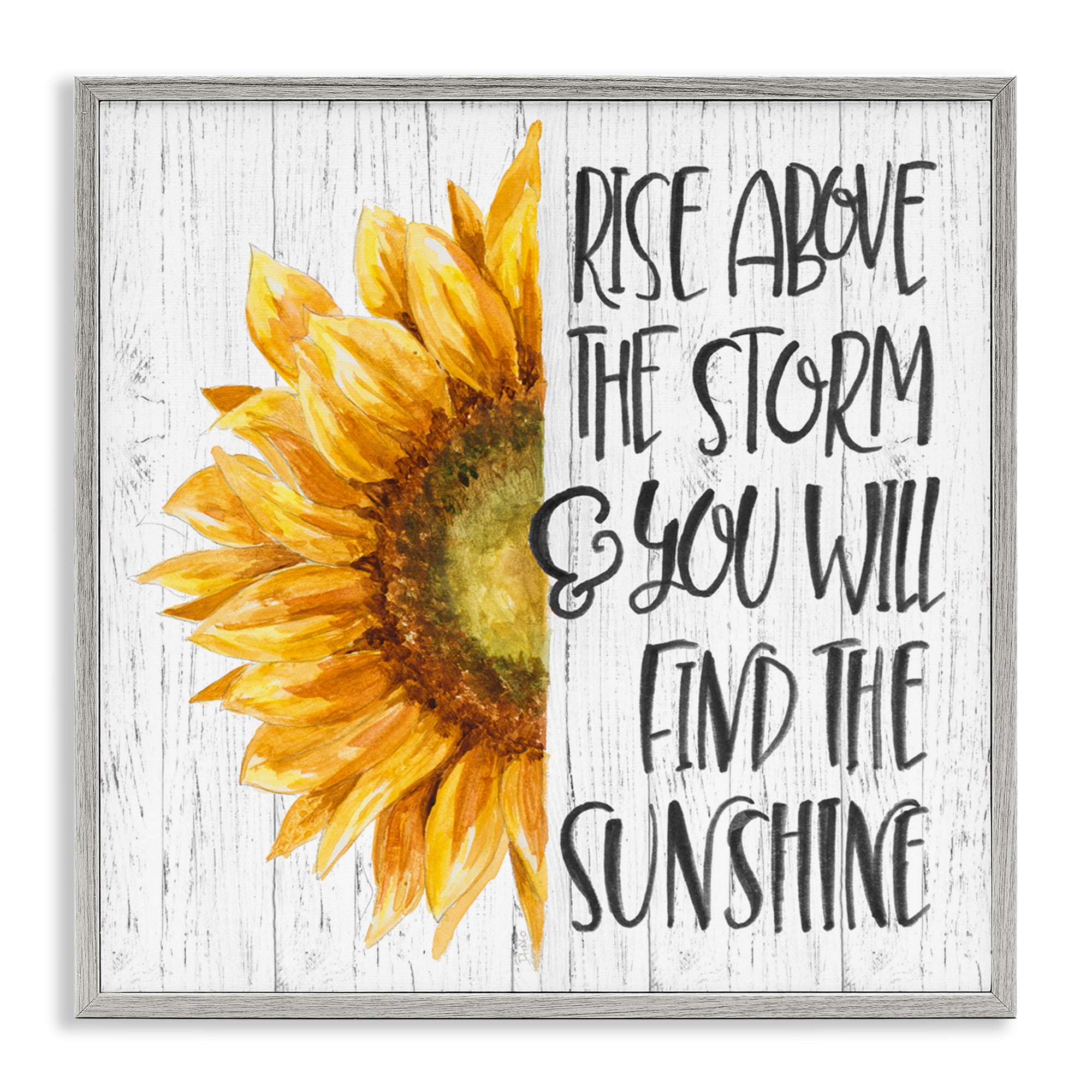 Stupell Industries Find Sunshine Motivational Sunflower Botanical & Floral Painting Gray Framed Art Print Wall Art, 12 x 12