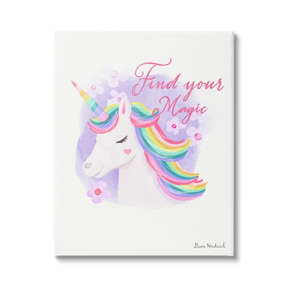 Stupell Industries Find Your Magic Bold Rainbow Floral Unicorn Mane Graphic Art Gallery Wrapped Canvas Print Wall Art, Design by Diane Neukirch