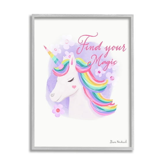 Stupell Industries Find Your Magic Bold Rainbow Floral Unicorn Mane Graphic Art Gray Framed Art Print Wall Art, Design by Diane Neukirch