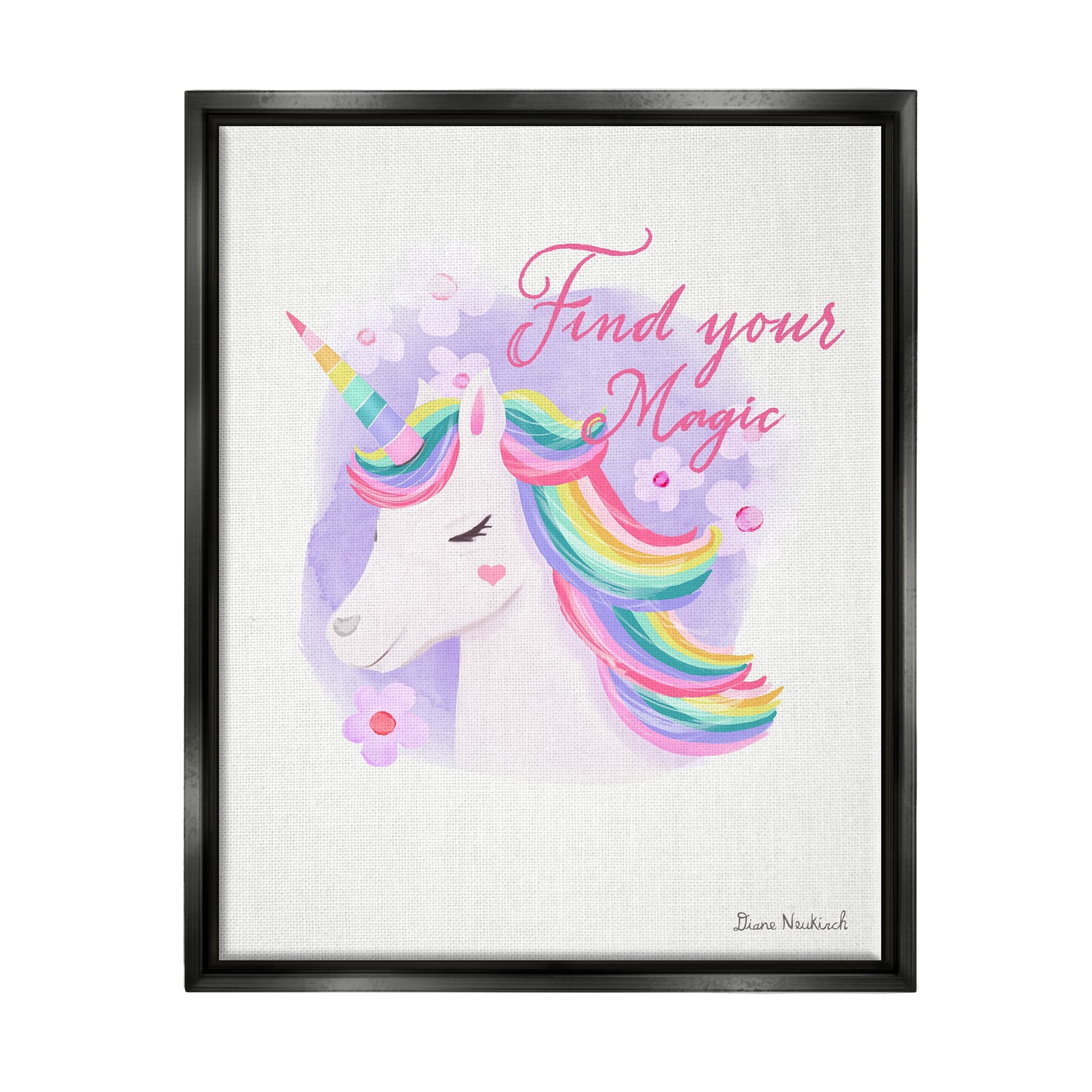 Stupell Industries Find Your Magic Bold Rainbow Floral Unicorn Mane Graphic Art Jet Black Floating Framed Canvas Print Wall Art, Design by Diane Neukirch