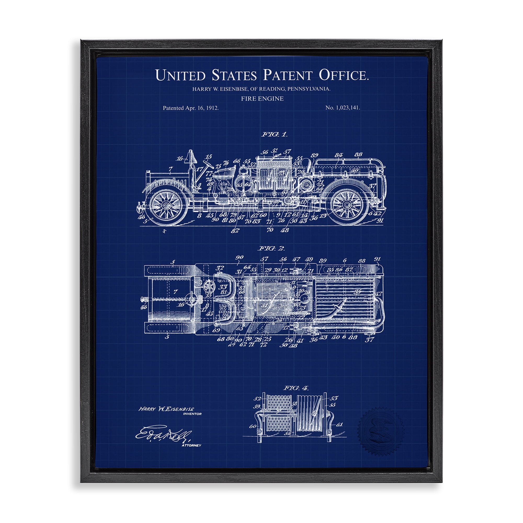 Stupell Industries Fire Engine Blueprint Transportation Painting Black Floater Framed Art Print Wall Art, 17 x 21