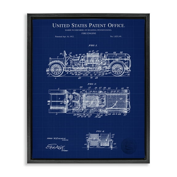 Stupell Industries Fire Engine Blueprint Transportation Painting Black Floater Framed Art Print Wall Art, 17 x 21