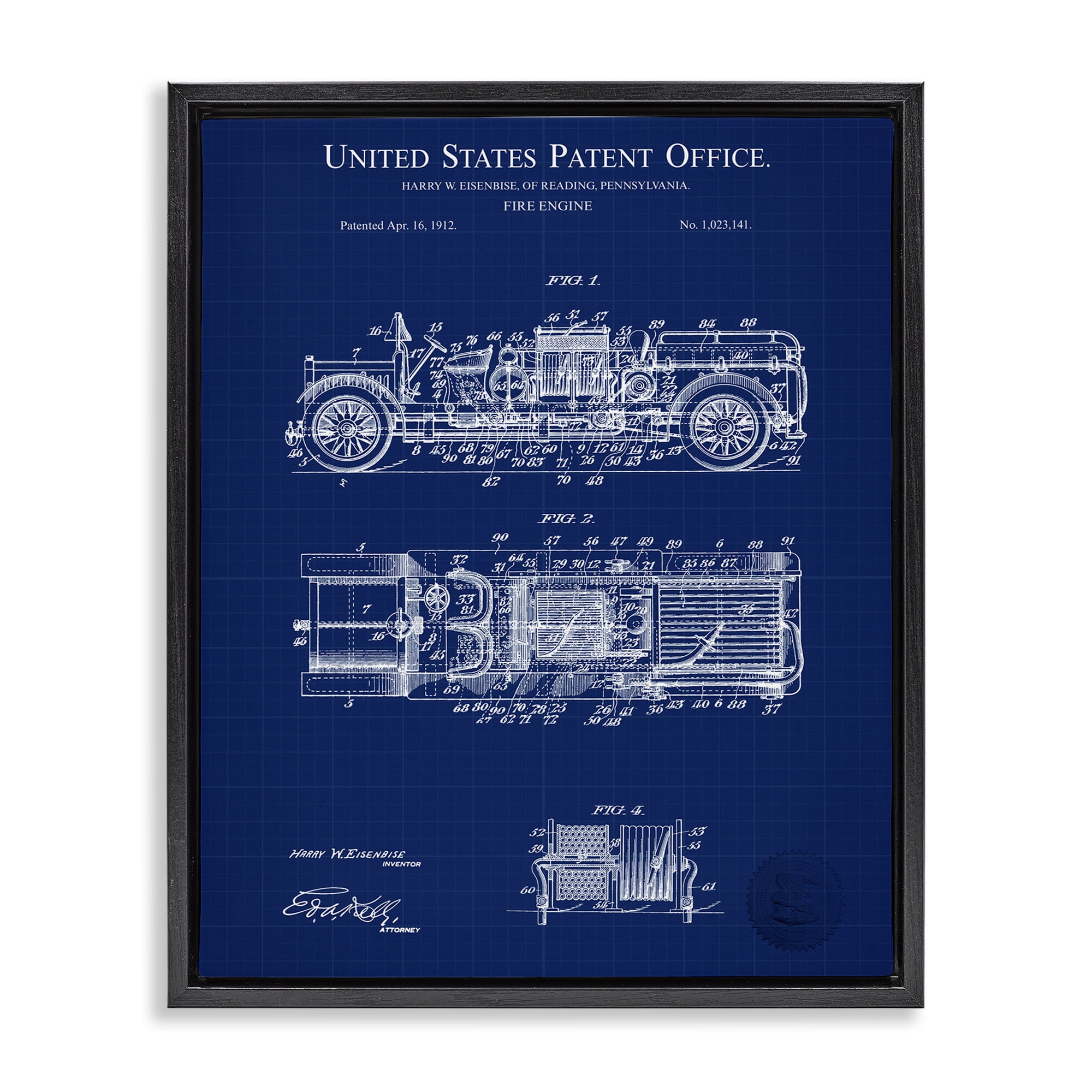 Stupell Industries Fire Engine Blueprint Transportation Painting Black Floater Framed Art Print Wall Art, 25 x 31