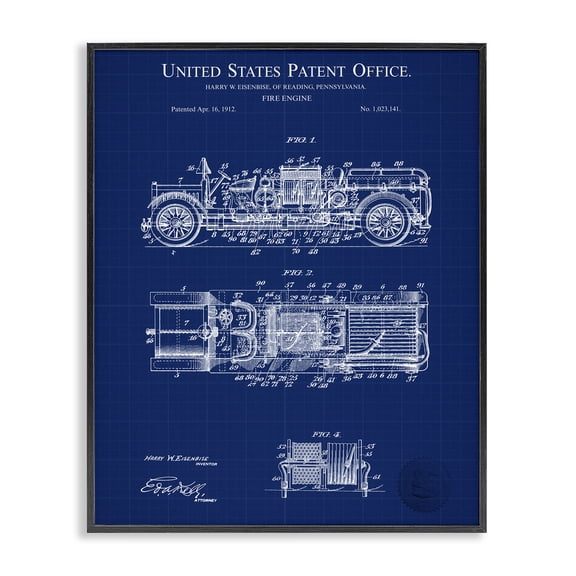 Stupell Industries Fire Engine Blueprint Transportation Painting Black Framed Art Print Wall Art, 24 x 30