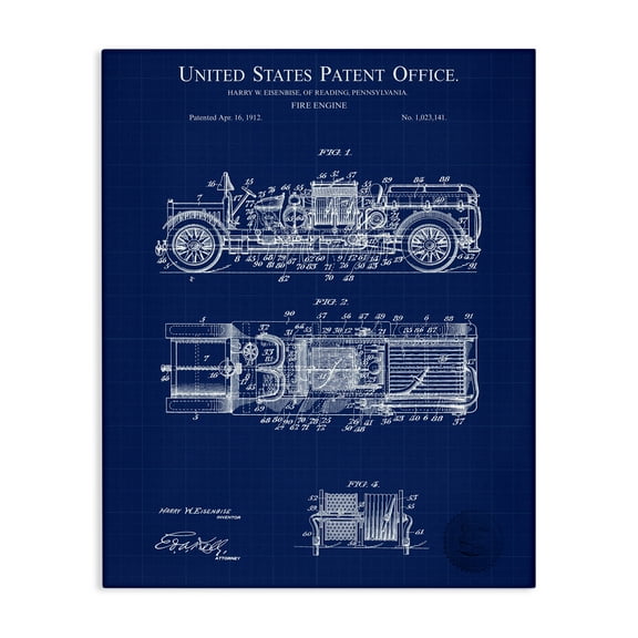 Stupell Industries Fire Engine Blueprint Transportation Painting Gallery Wrapped Canvas Art Print Wall Art, 24 x 30