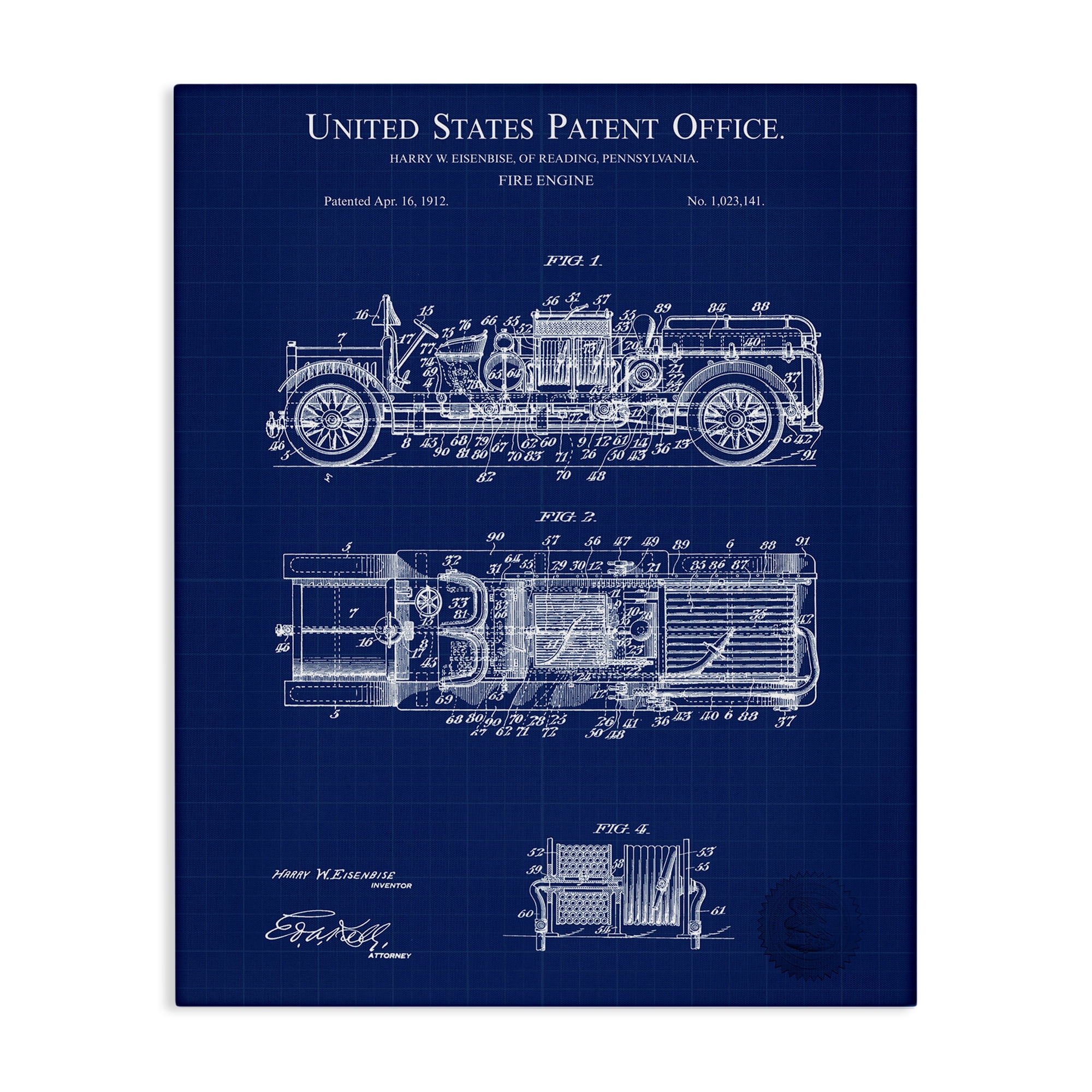 Stupell Industries Fire Engine Blueprint Transportation Painting Gallery Wrapped Canvas Art Print Wall Art, 36 x 48
