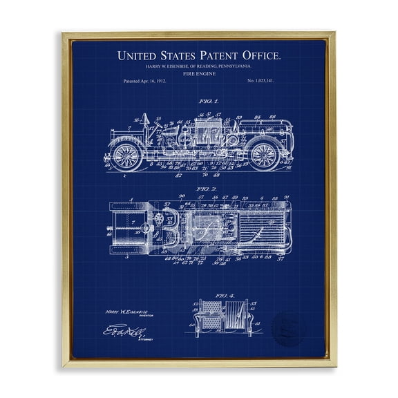 Stupell Industries Fire Engine Blueprint Transportation Painting Gold Floater Framed Art Print Wall Art, 25 x 31