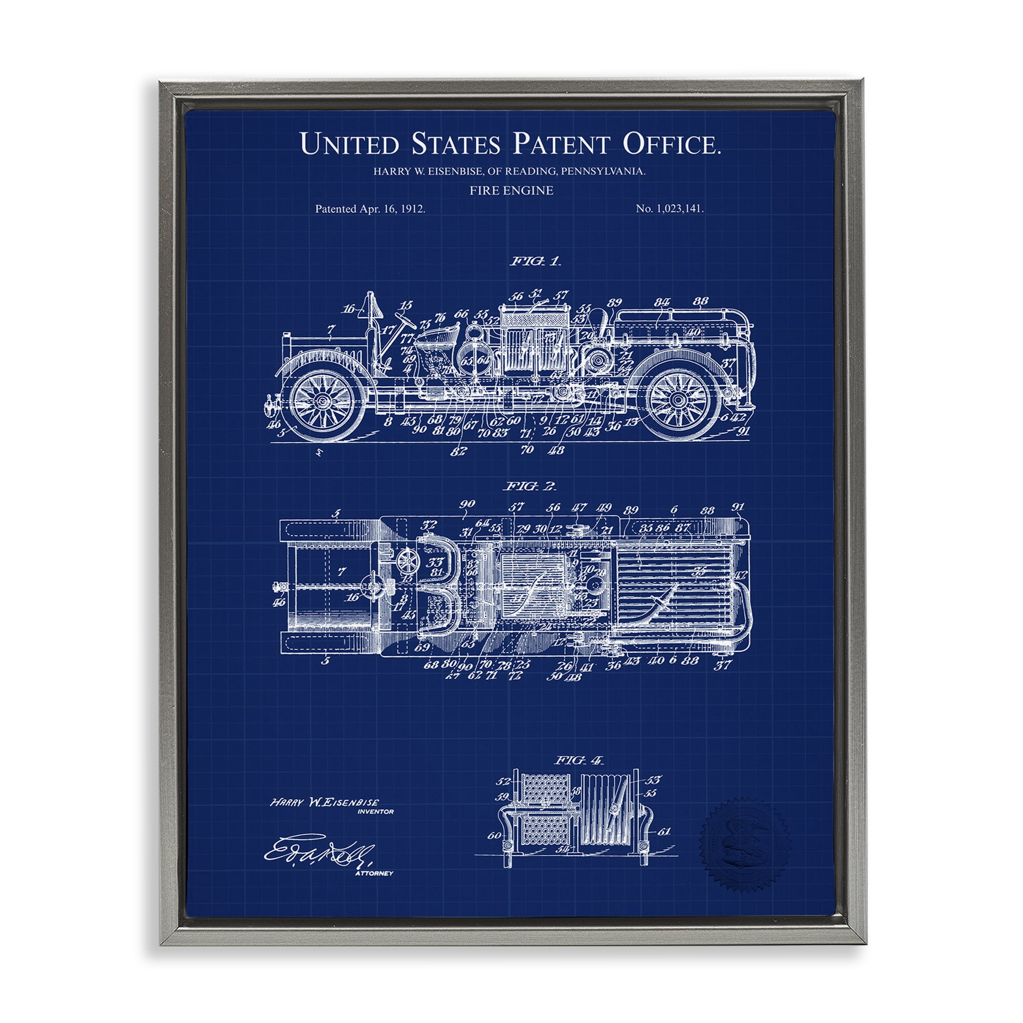 Stupell Industries Fire Engine Blueprint Transportation Painting Gray Floater Framed Art Print Wall Art, 17 x 21