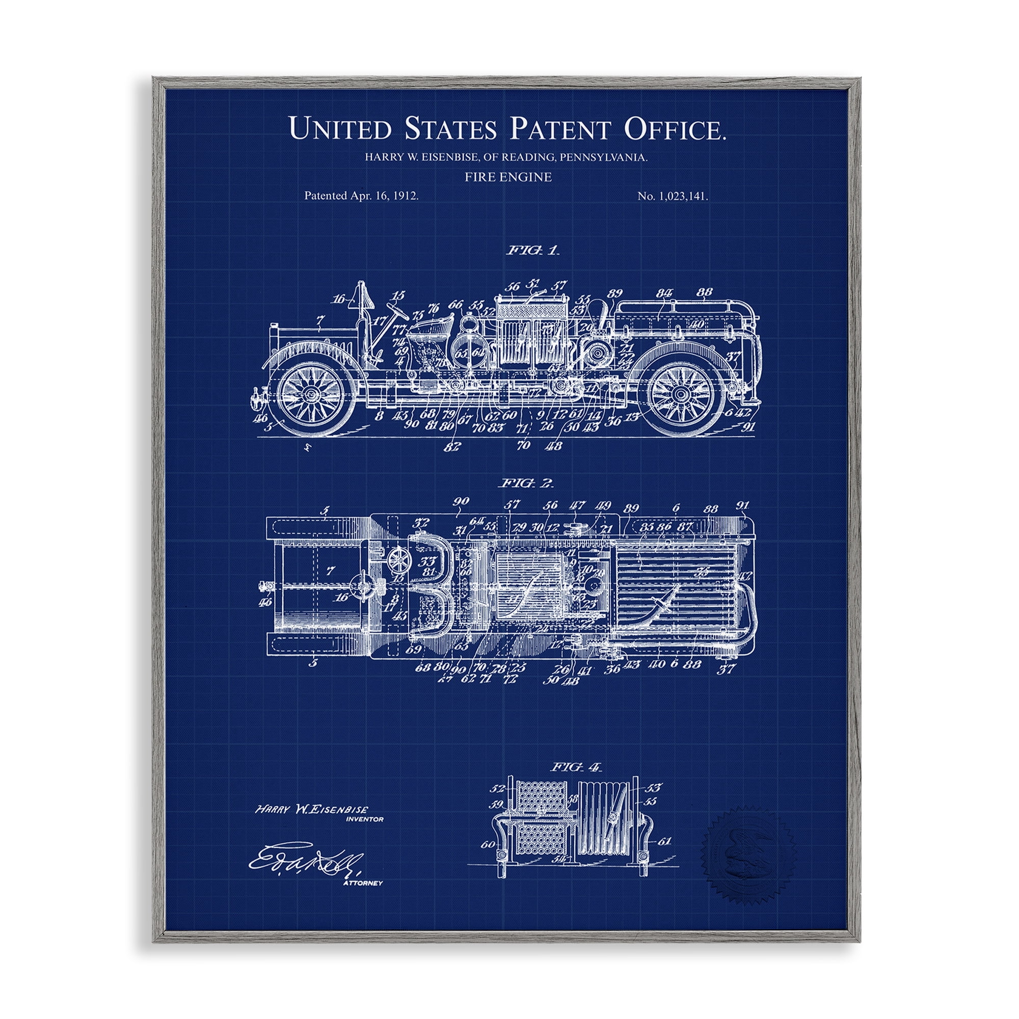 Stupell Industries Fire Engine Blueprint Transportation Painting Gray Framed Art Print Wall Art, 24 x 30