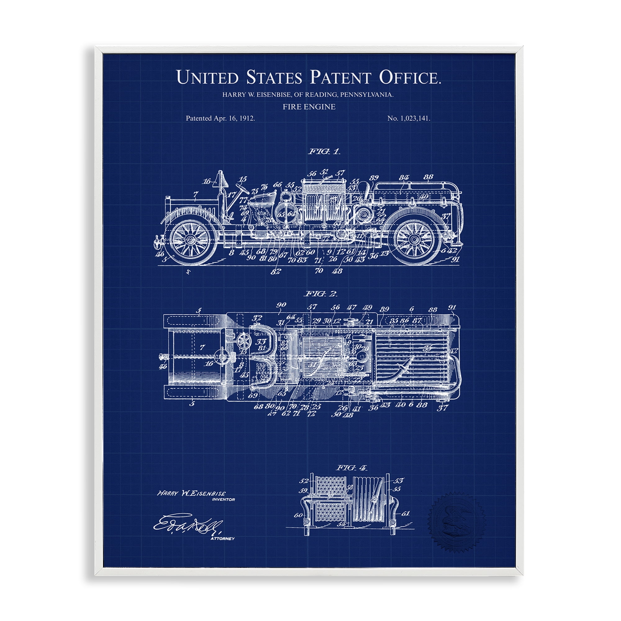 Stupell Industries Fire Engine Blueprint Transportation Painting White Framed Art Print Wall Art, 24 x 30