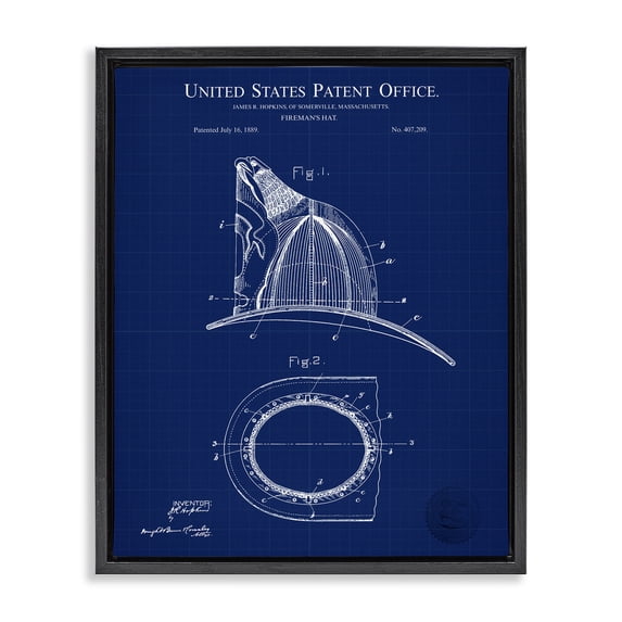 Stupell Industries Modern Fireman's Hat Blueprint Black Floating Frame Canvas Art, 17 x 21, by Karl Hronek