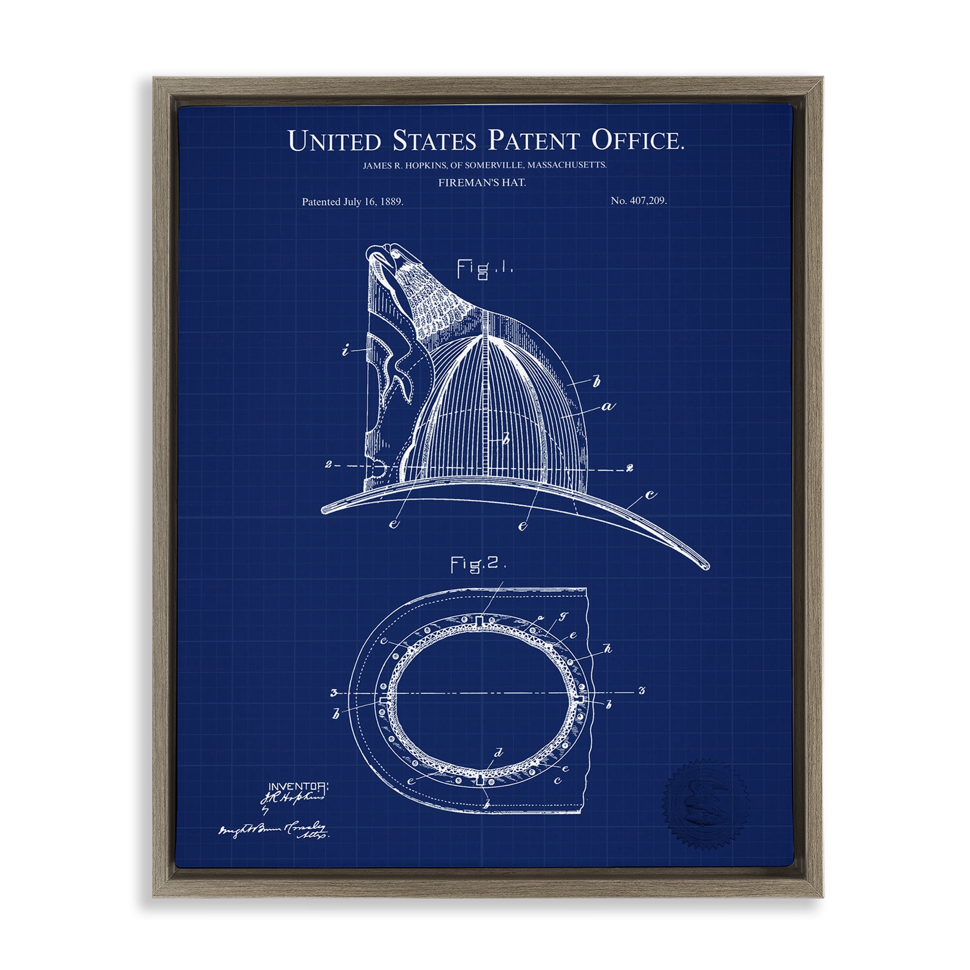 Stupell Industries Fireman's Hat Blueprint Typography Painting Brown Floater Framed Art Print Wall Art, 25 x 31