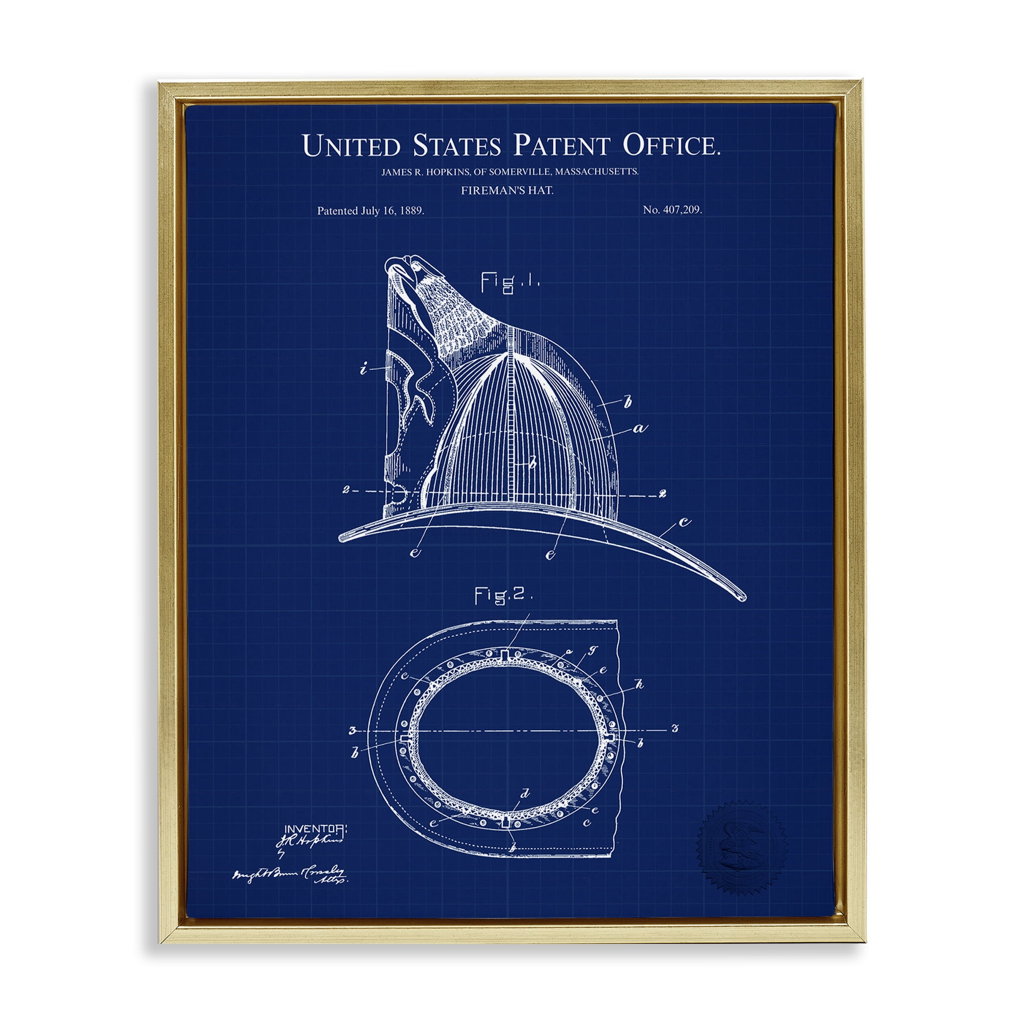 Stupell Industries Fireman's Hat Blueprint Typography Painting Gold Floater Framed Art Print Wall Art, 17 x 21