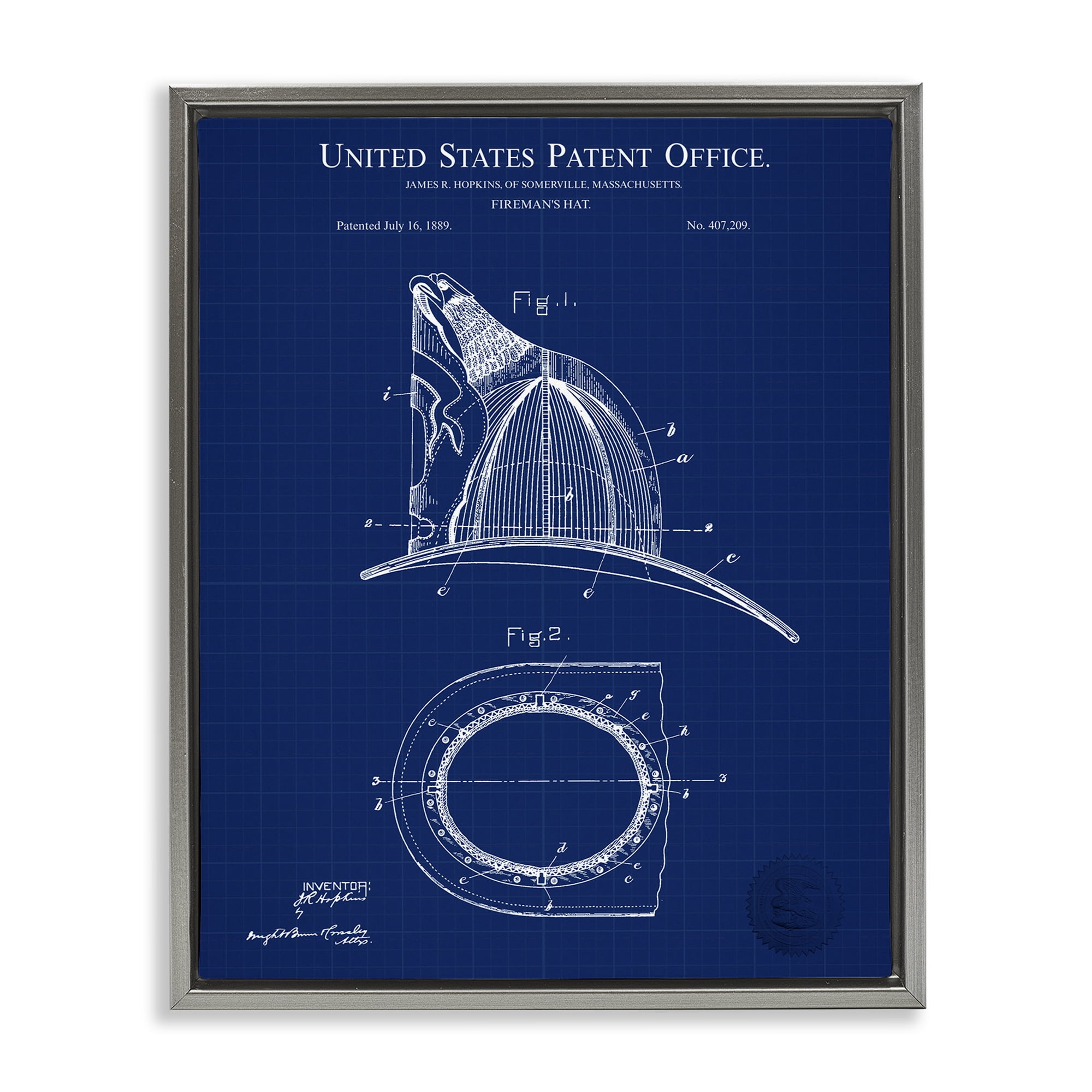 Stupell Industries Fireman's Hat Blueprint Typography Painting Gray Floater Framed Art Print Wall Art, 17 x 21