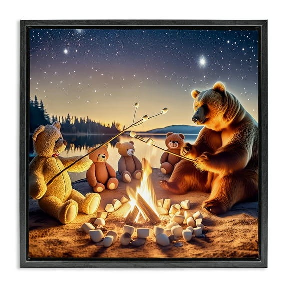 Stupell Industries Fireside Friends Bear Animals Painting Black Floater Framed Canvas Art Print Wall Art, 18 x 18