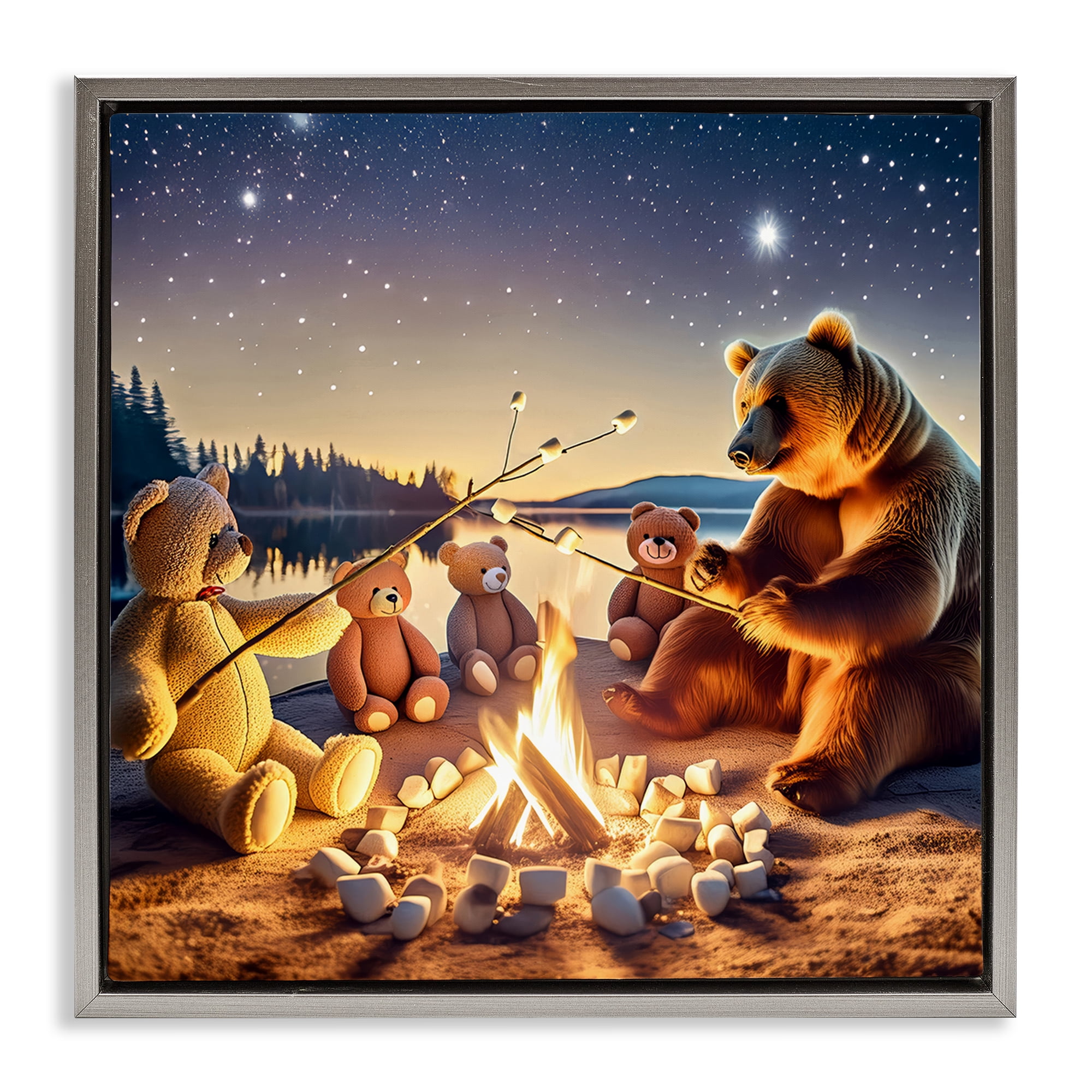 Stupell Industries Fireside Friends Bear Animals Painting Gray Floater Framed Canvas Art Print Wall Art, 18 x 18
