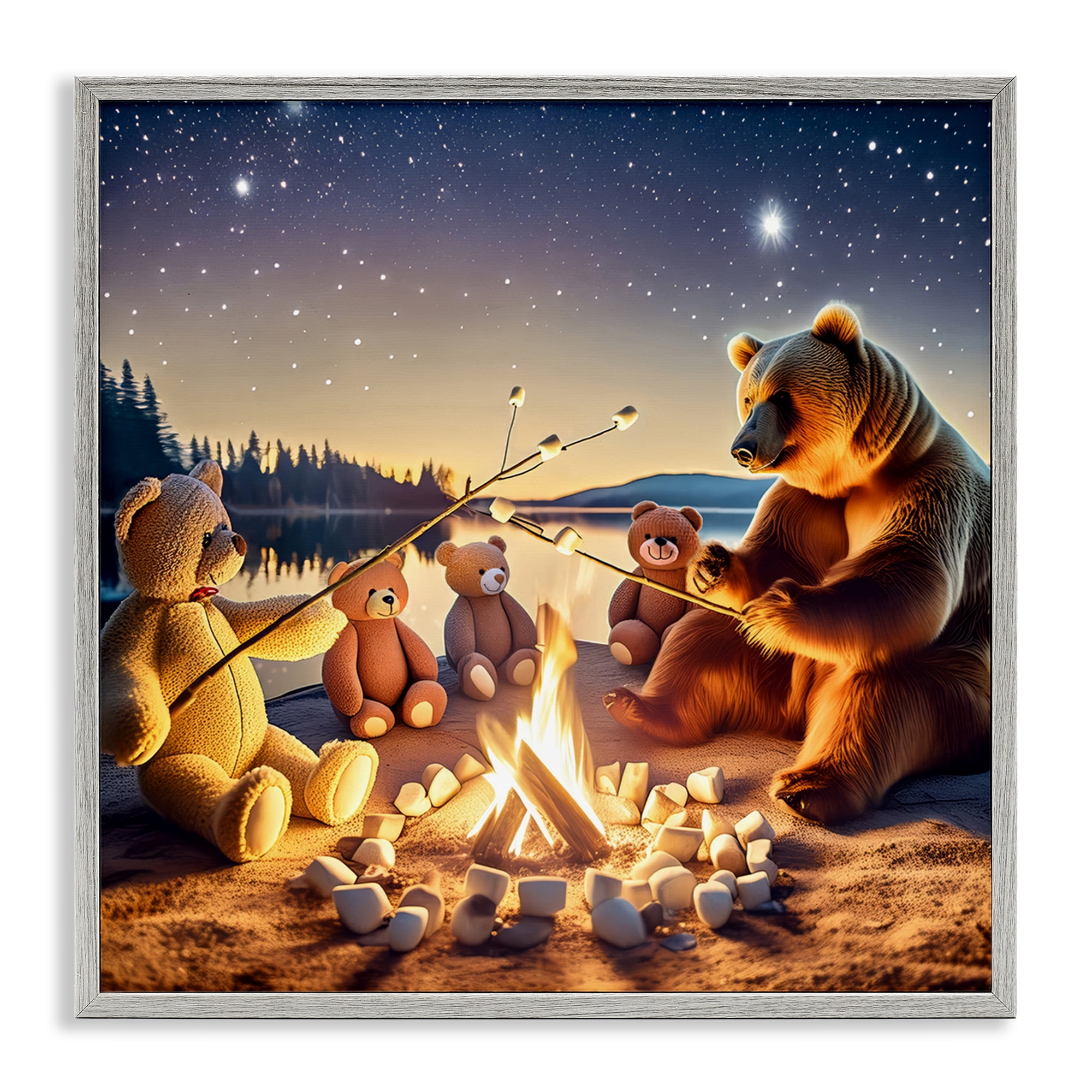 Stupell Industries Fireside Friends Bear Animals Painting Gray Framed Art Print Wall Art, 12 x 12