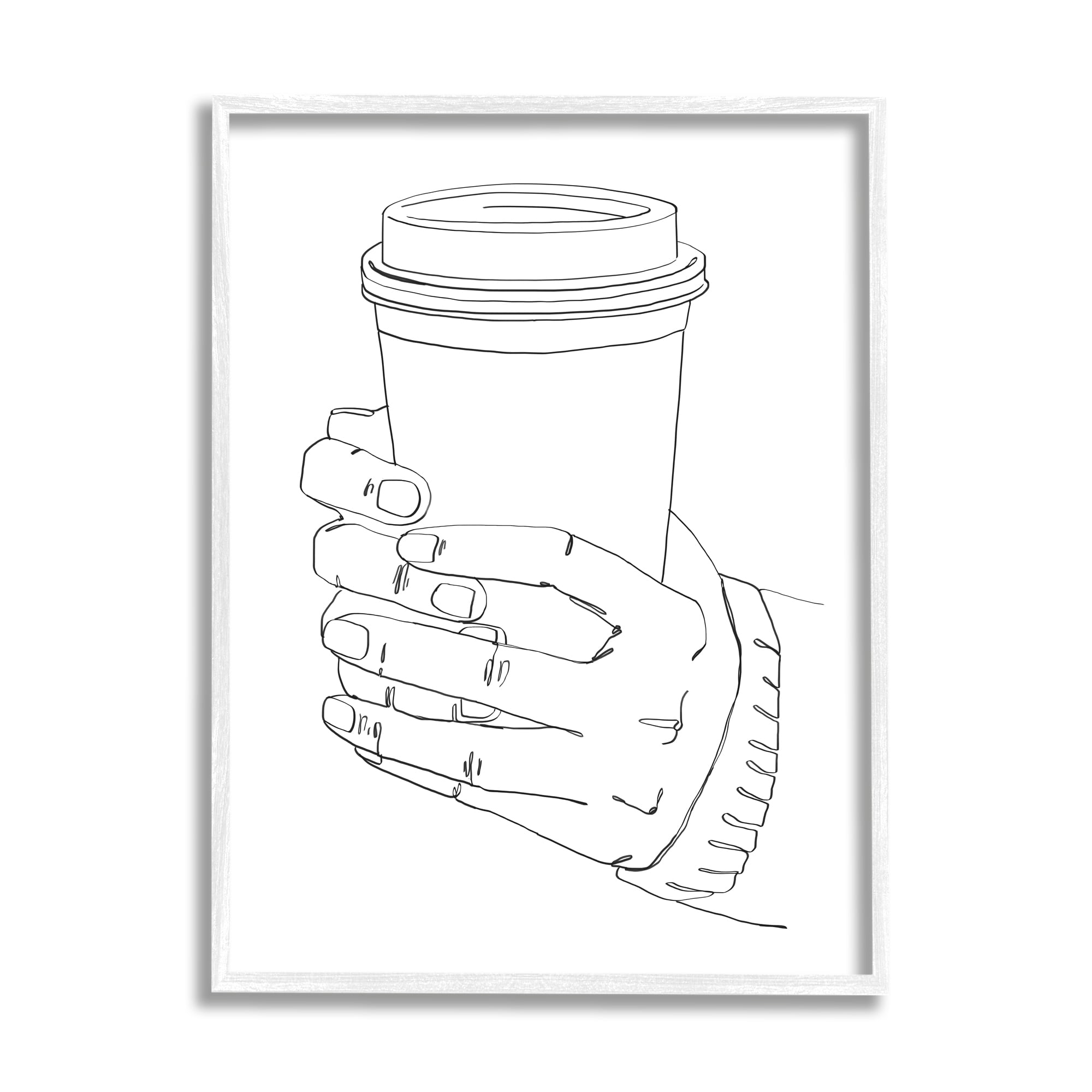 Stupell Industries Firm Hands on Coffee Cup Minimal Line Drawing Graphic Art White Framed Art Print Wall Art, 24x30, by Ziwei Li
