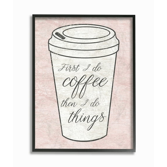 Stupell Industries First Coffee Then Things Dusty Rose Pink Marble Novelty Painting Black Framed Art Print Wall Art, 16 x 20