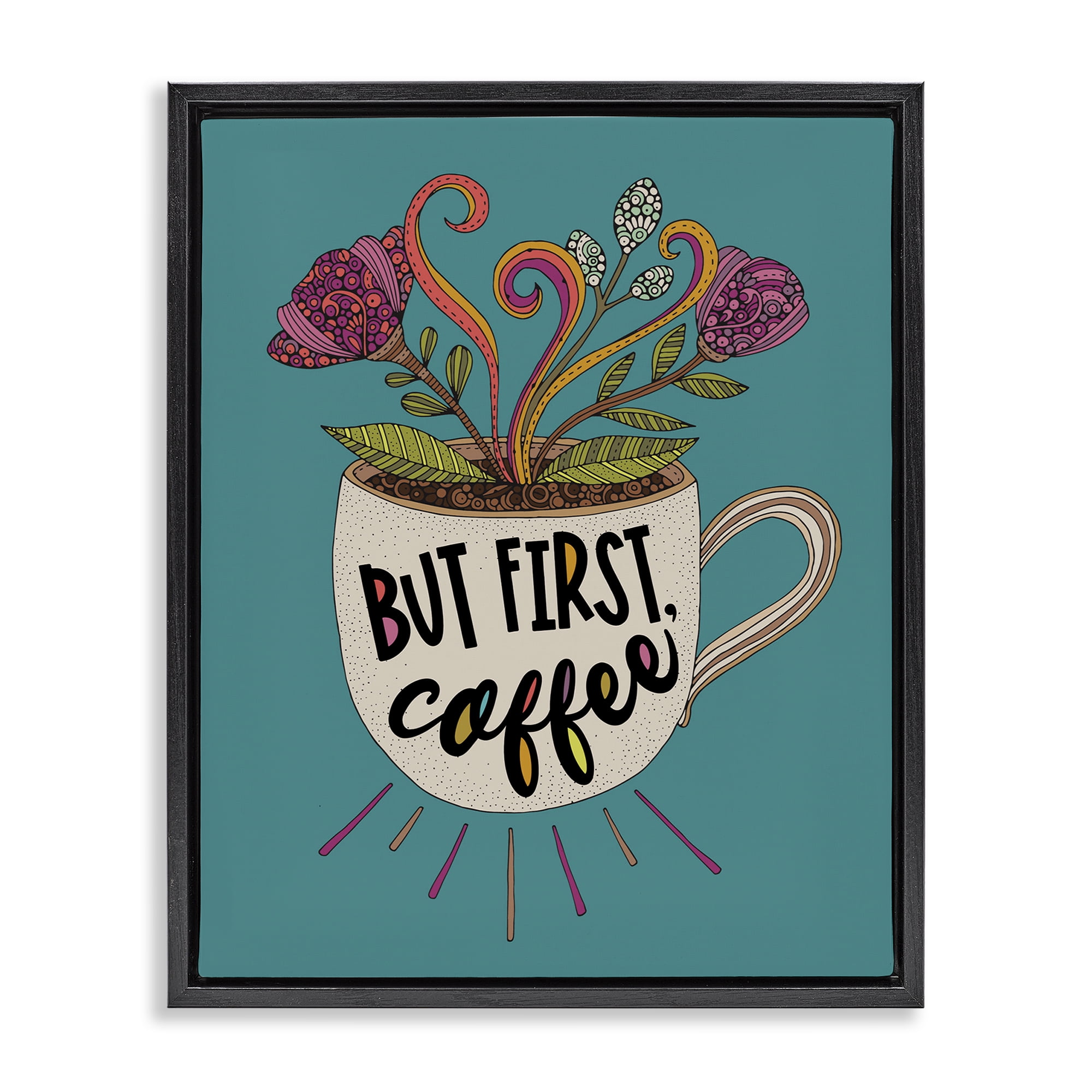 Stupell Industries First Coffee with Florals Botanical & Floral Painting Black Floater Framed Art Print Wall Art, 17 x 21