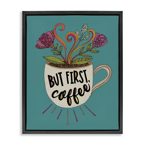 Stupell Industries First Coffee with Florals Botanical & Floral Painting Black Floater Framed Art Print Wall Art, 17 x 21