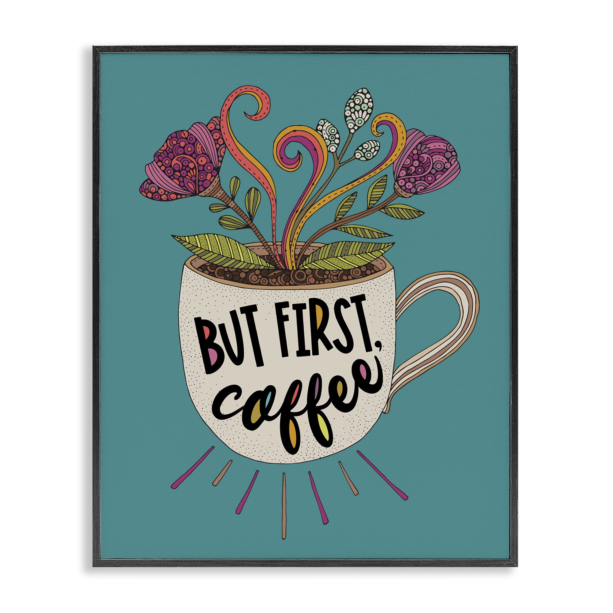 Stupell Industries First Coffee with Florals Botanical & Floral Painting Black Framed Art Print Wall Art, 24 x 30
