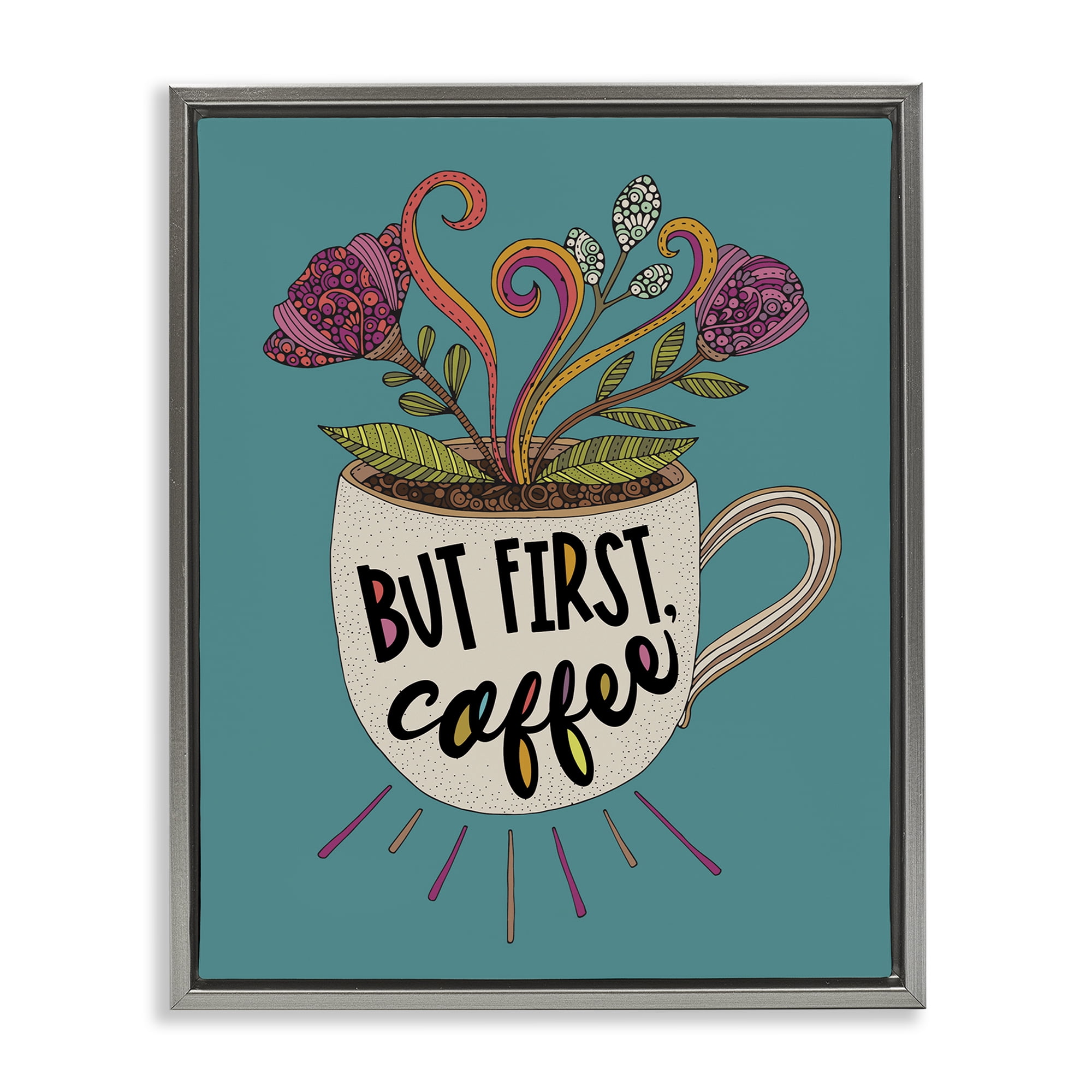 Stupell Industries First Coffee with Florals Botanical & Floral Painting Gray Floater Framed Art Print Wall Art, 17 x 21