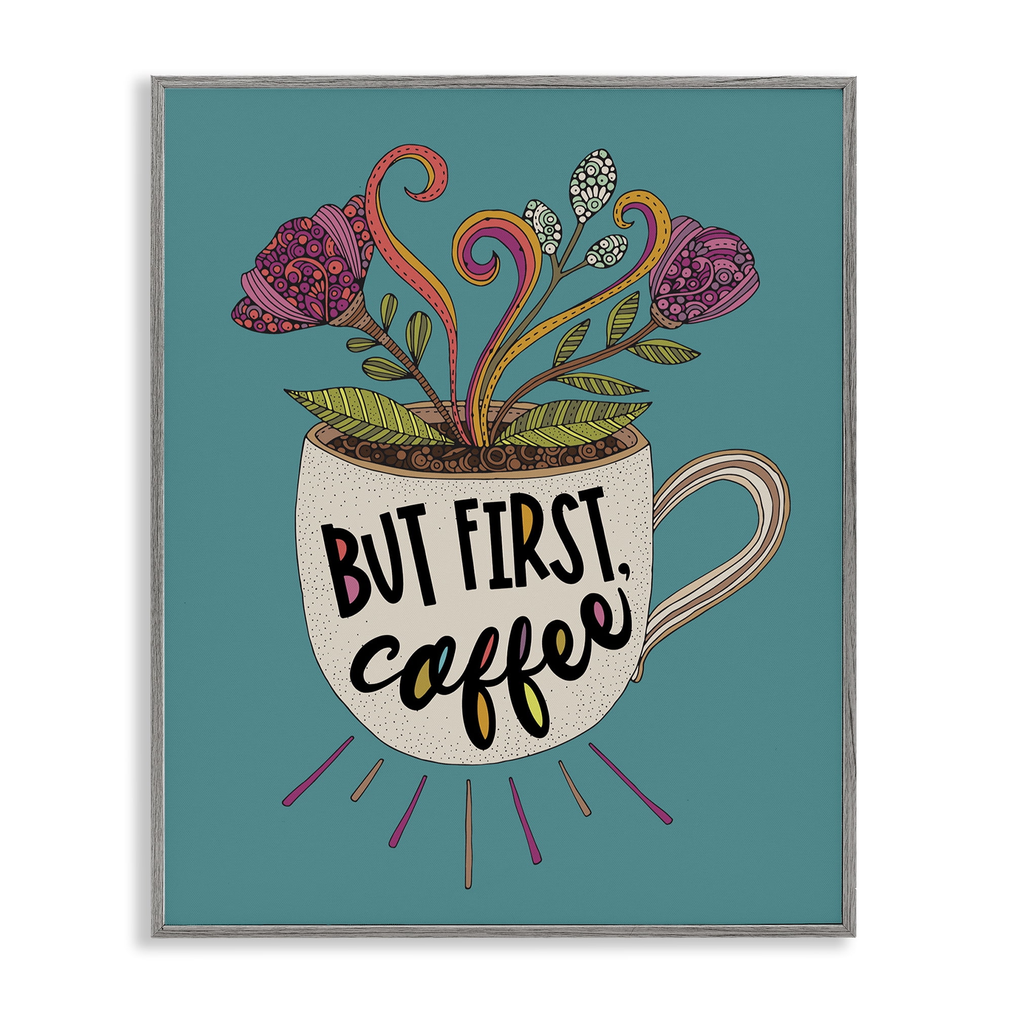 Stupell Industries First Coffee with Florals Botanical & Floral Painting Gray Framed Art Print Wall Art, 16 x 20