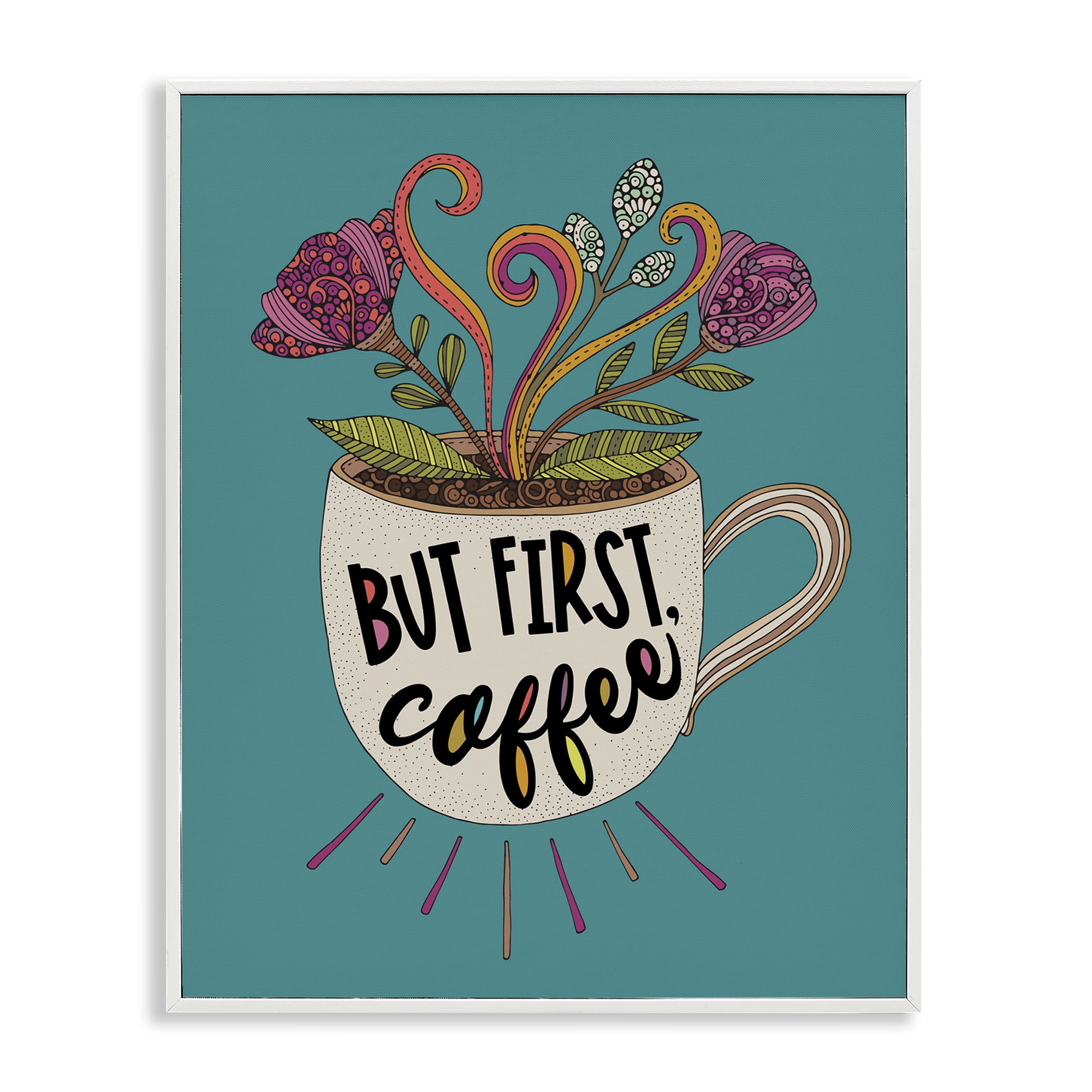 Stupell Industries First Coffee with Florals Botanical & Floral Painting White Framed Art Print Wall Art, 11 x 14