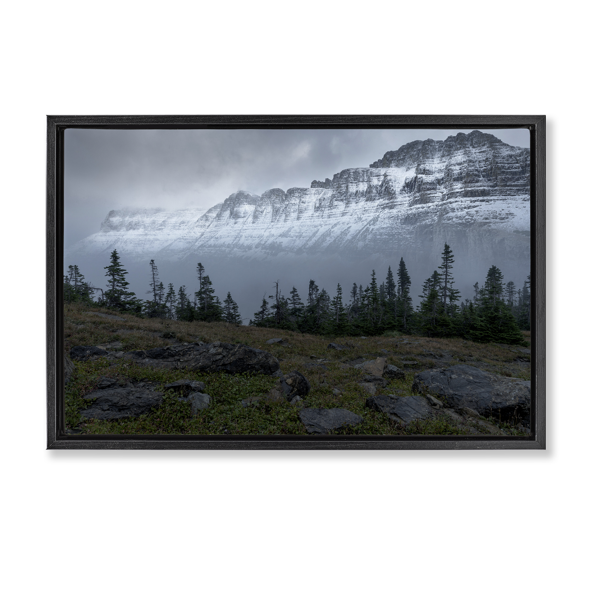 Stupell Industries First Snow Mountains Landscape Photography Black Floater Framed Art Print Wall Art, 25 x 17