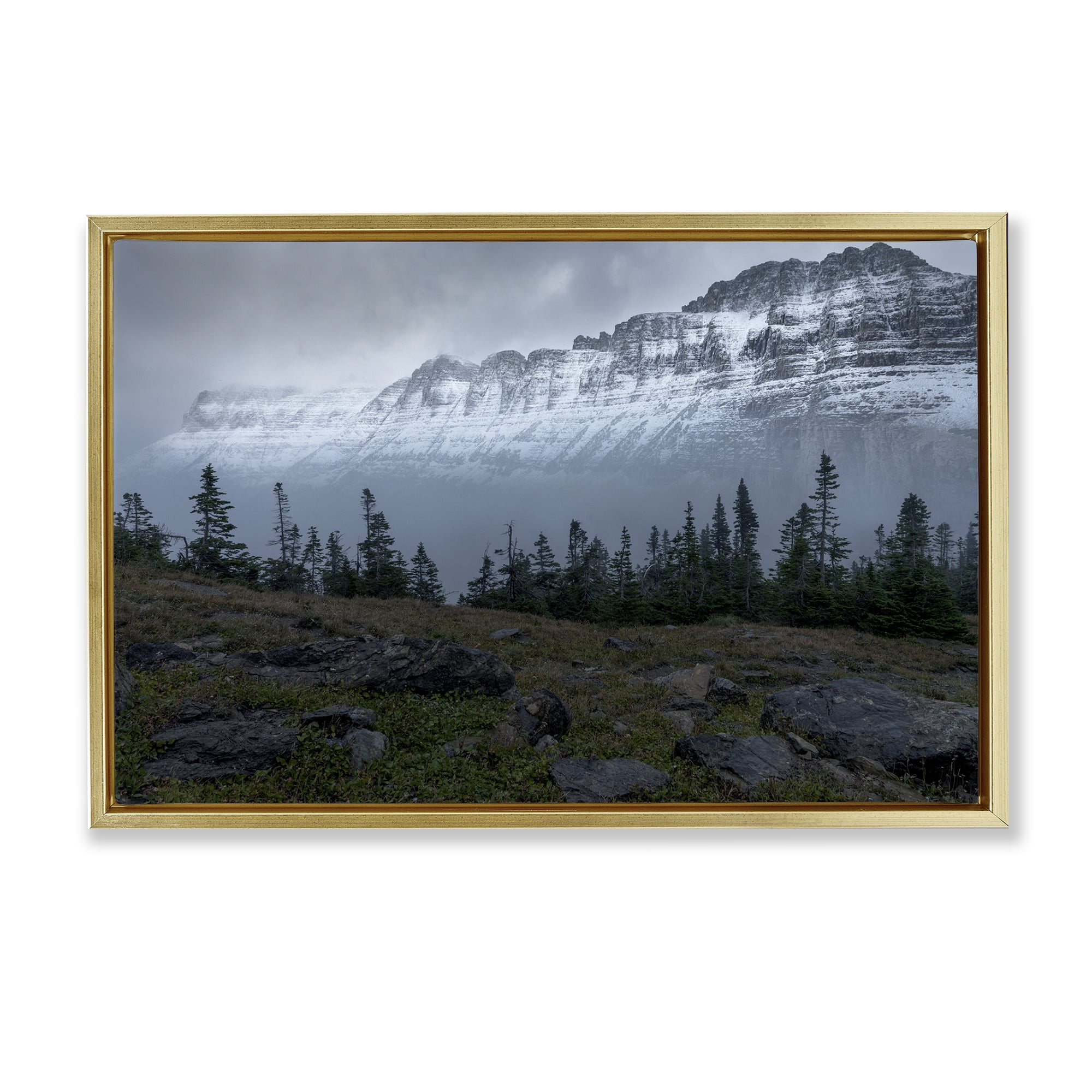 Stupell Industries First Snow Mountains Landscape Photography Gold Floater Framed Art Print Wall Art, 25 x 17