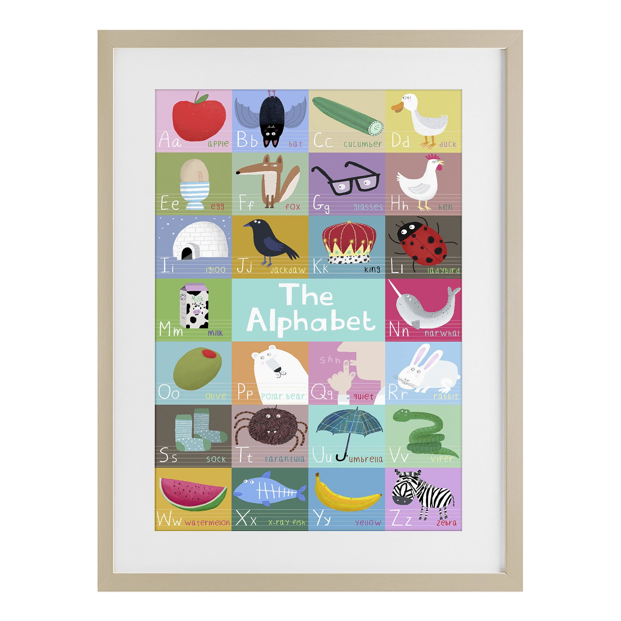 Stupell Industries First Words Alphabet Birch Framed Print Under Glass, design by Carla Daly