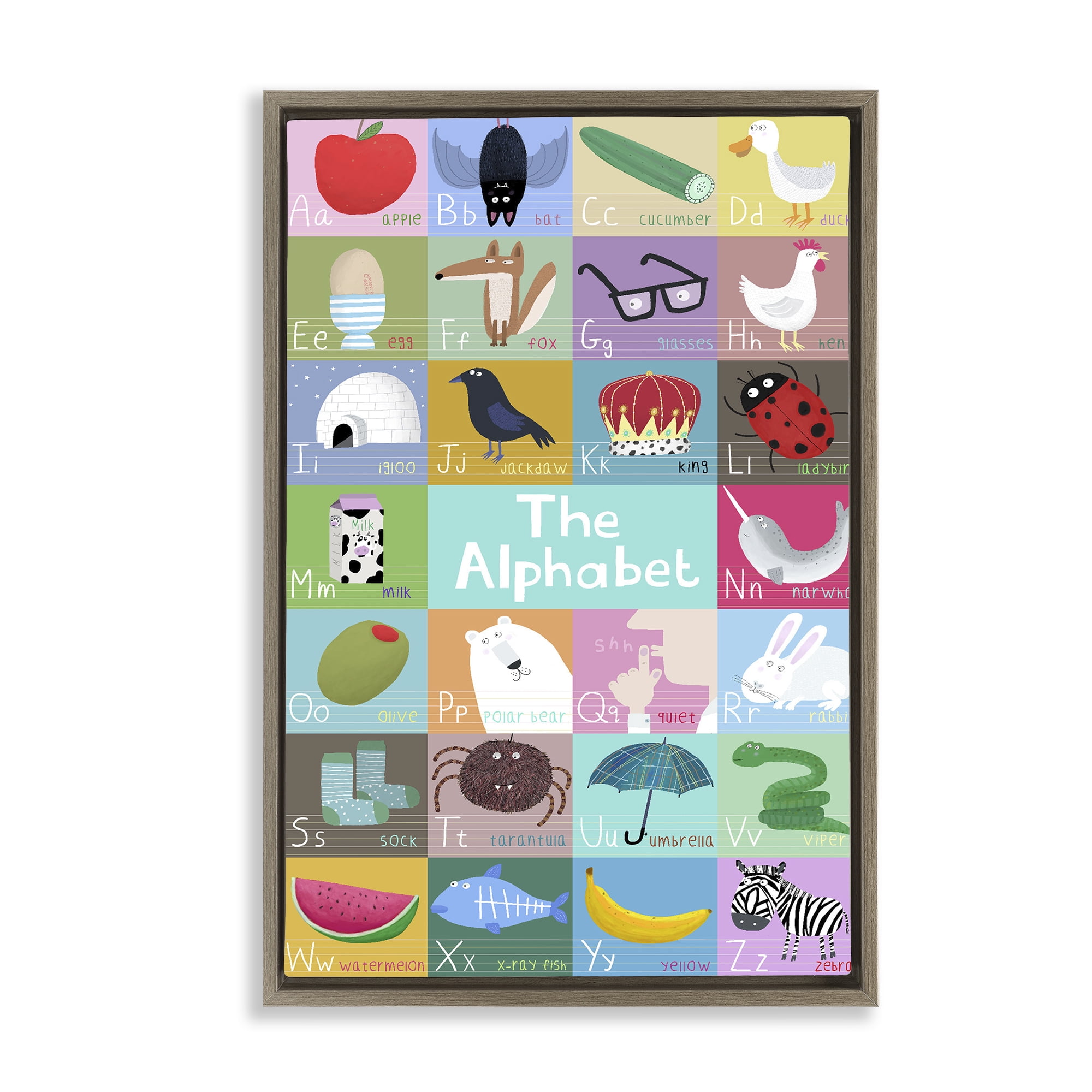 Stupell Industries First Words Alphabet Brown Framed Floater Canvas Wall Art, design by Carla Daly
