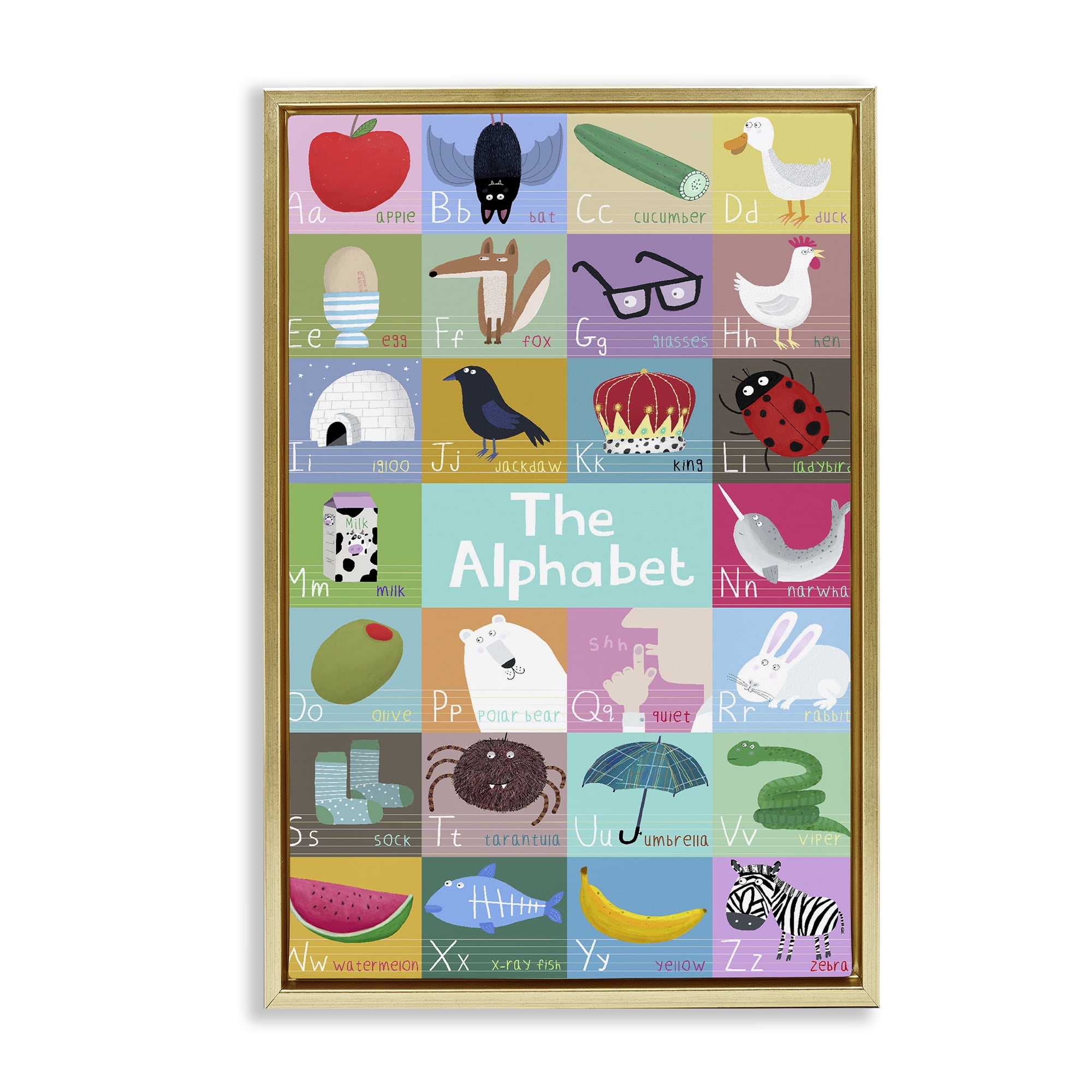 Stupell Industries First Words Alphabet Gold Framed Floater Canvas Wall Art, design by Carla Daly