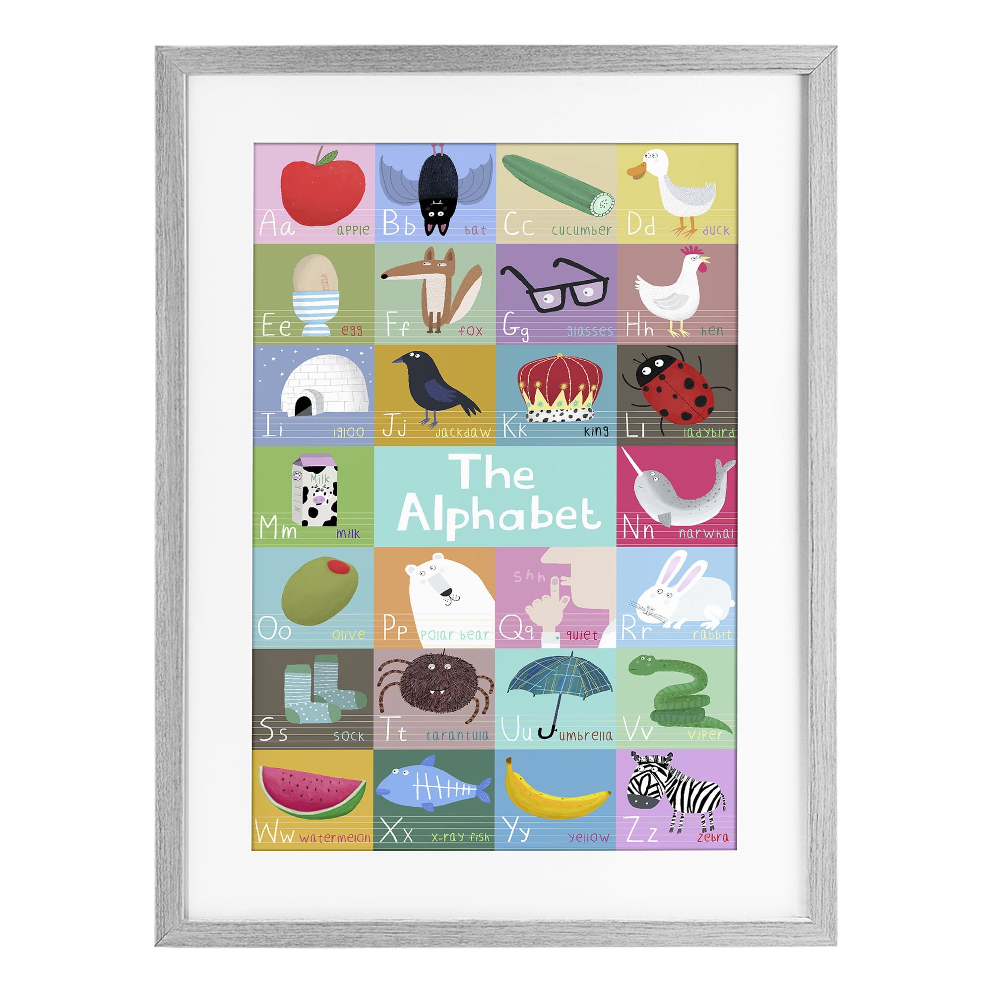Stupell Industries First Words Alphabet Gray Framed Print Under Glass, design by Carla Daly
