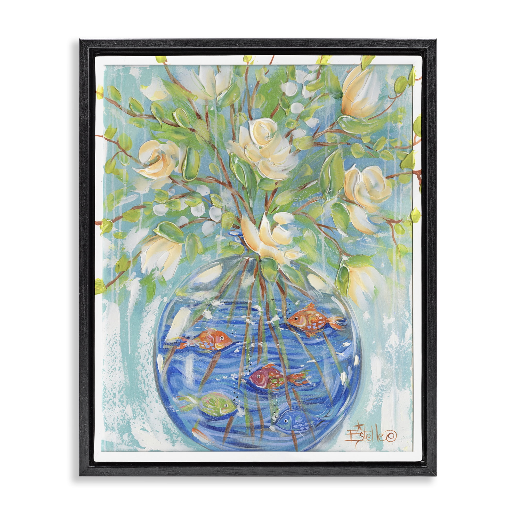 Stupell Industries Fish Bowl Bouquet Plants & Flowers Painting Black Floater Framed Canvas Art Print Wall Art, 17 x 21